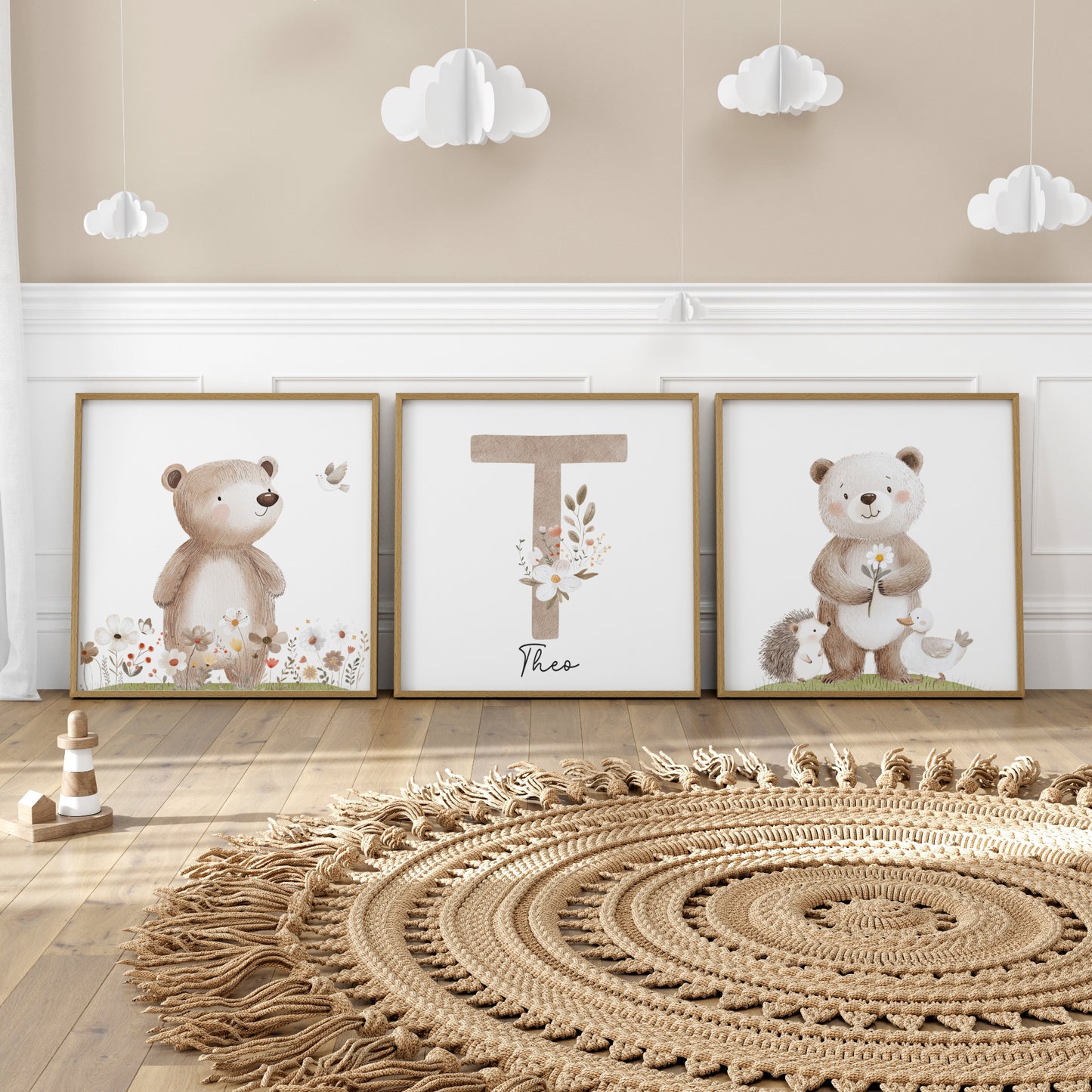 3er Set Poster Bär Blumen Quadrat Name personalisiert Kinderzimmer Mädchen Jungen