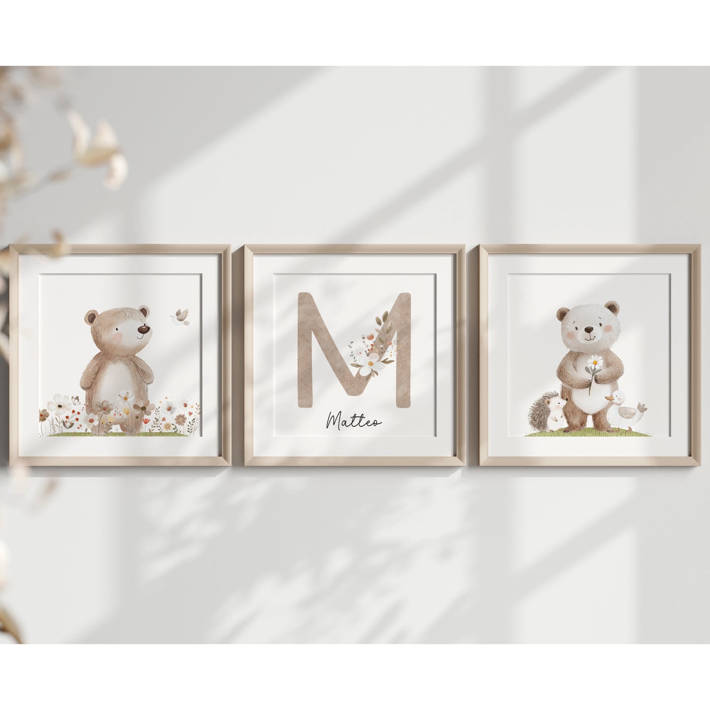 3er Set Poster Bär Blumen Quadrat Name personalisiert Kinderzimmer Mädchen Jungen