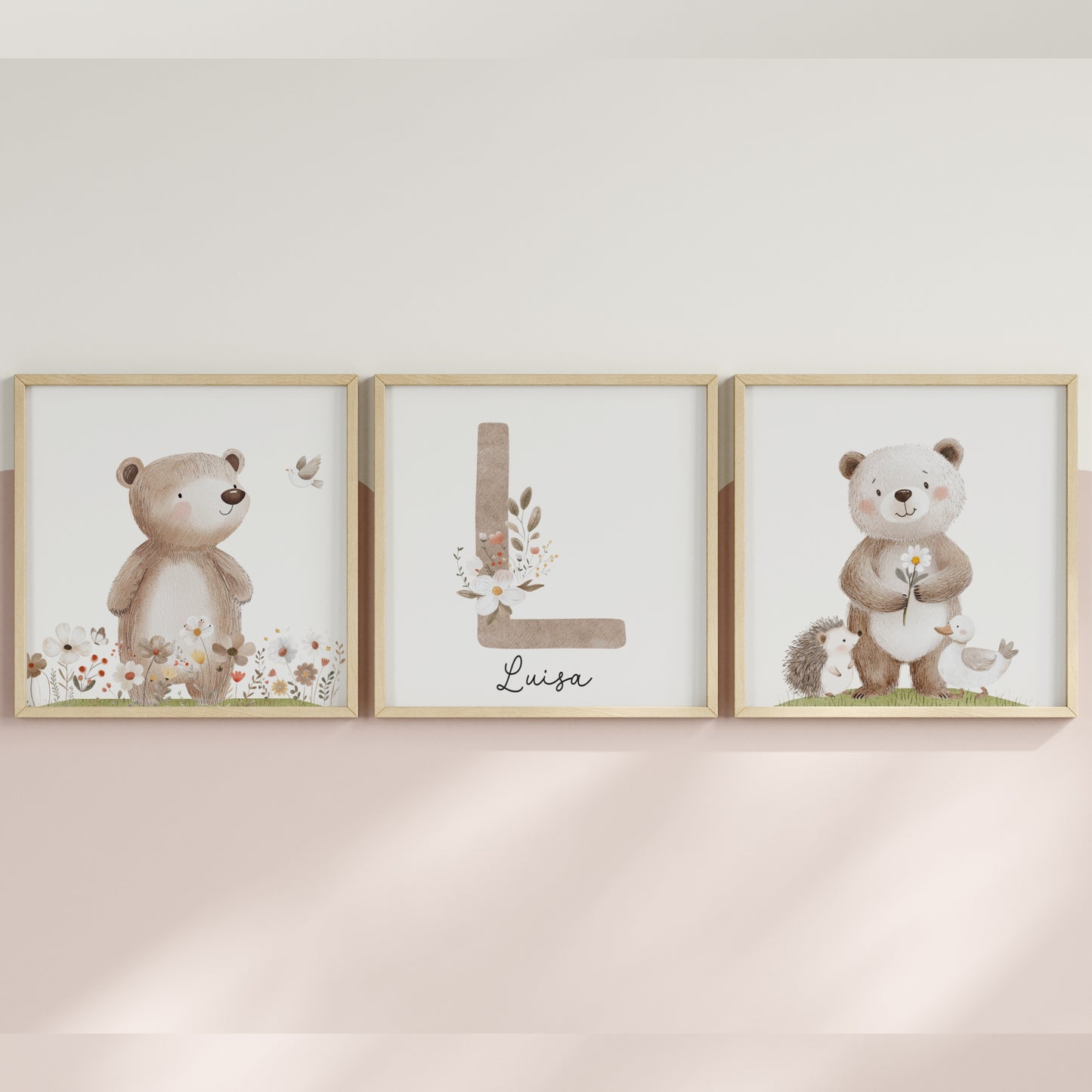 3er Set Poster Bär Blumen Quadrat Name personalisiert Kinderzimmer Mädchen Jungen