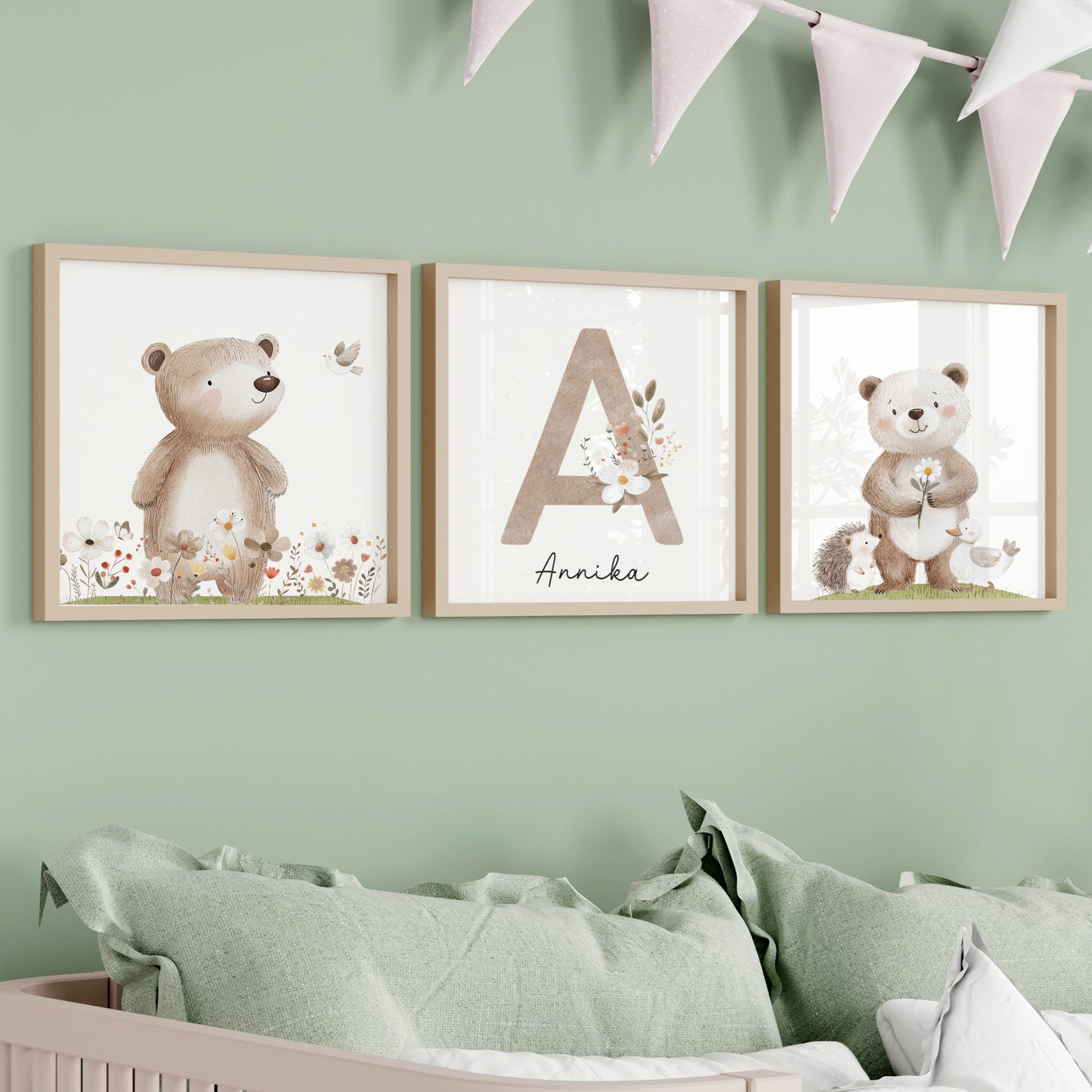 3er Set Poster Bär Blumen Quadrat Name personalisiert Kinderzimmer Mädchen Jungen