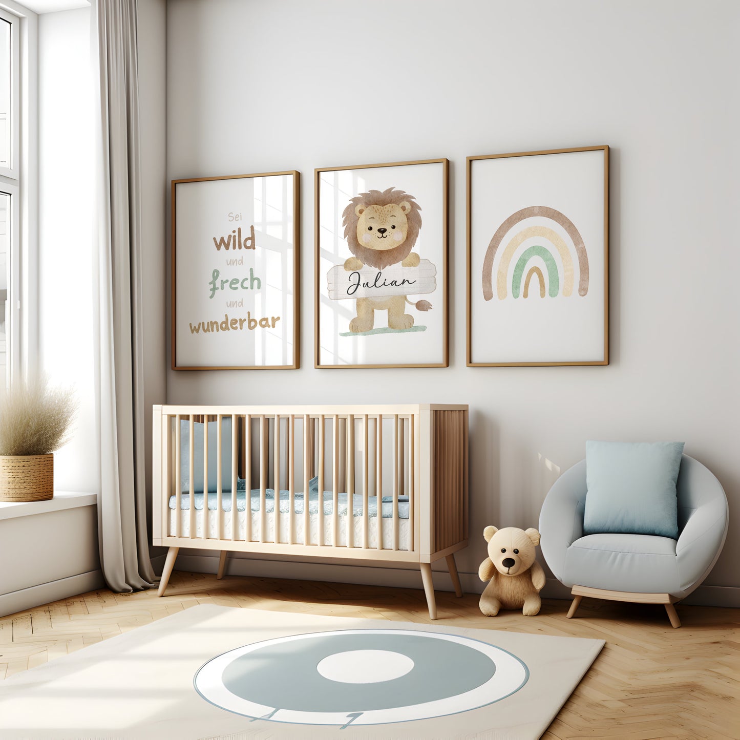 Geburtsposter 3er Set Löwe Safari Motivation personalisiert Kinderzimmer Affirmation
