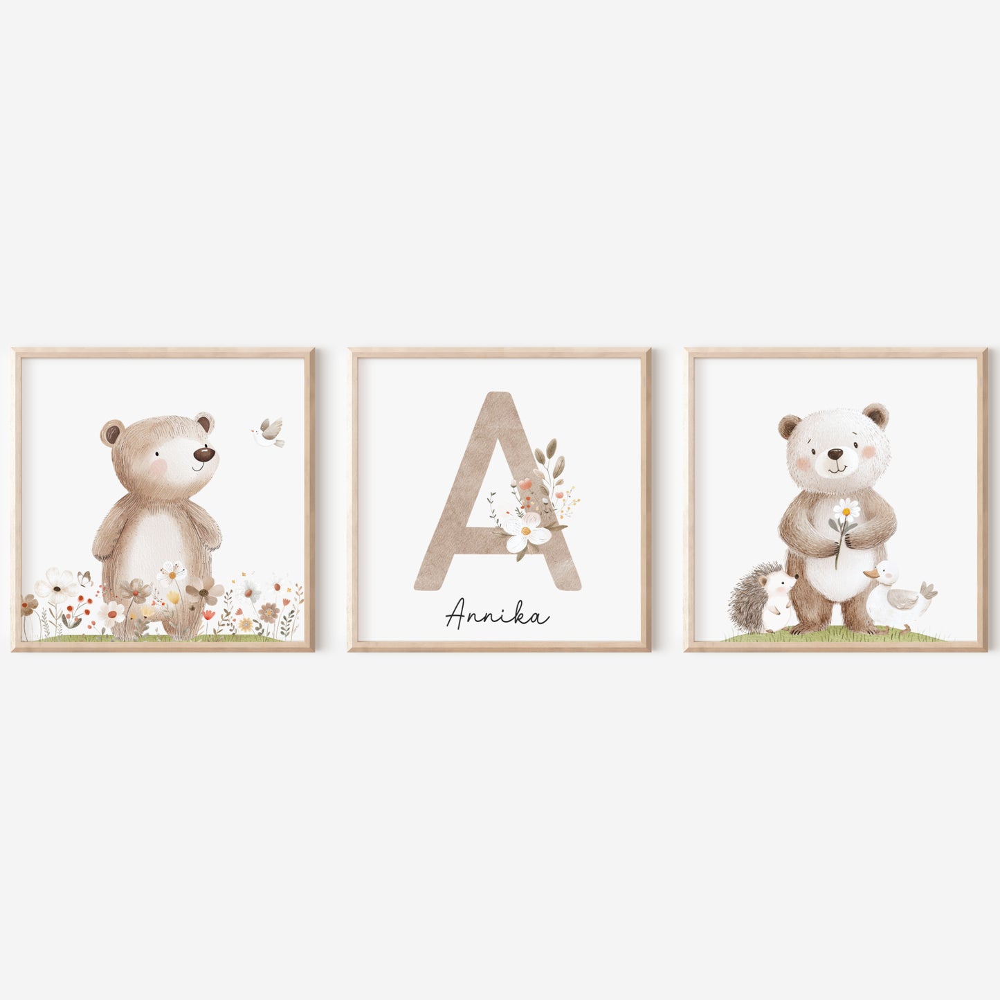 3er Set Poster Bär Blumen Quadrat Name personalisiert Kinderzimmer Mädchen Jungen