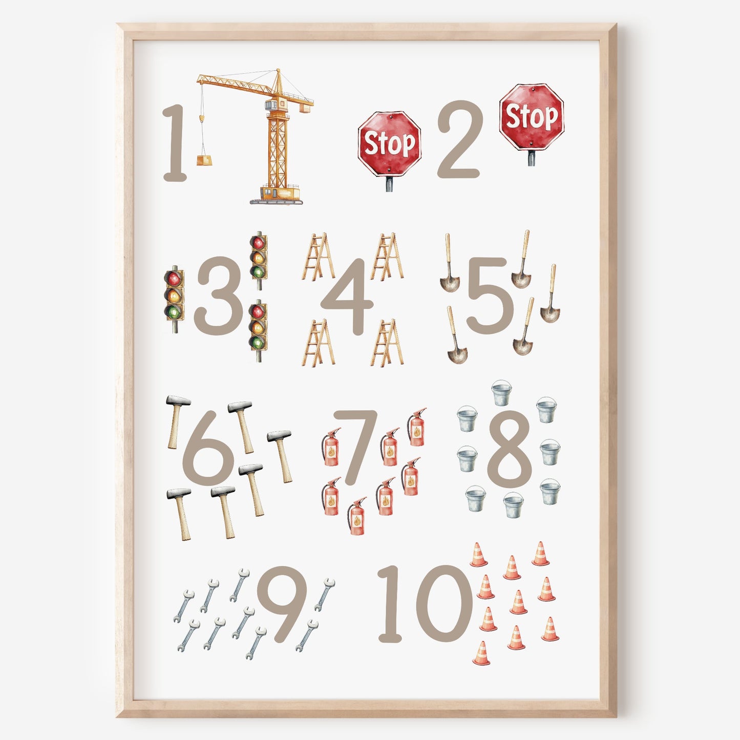 Kinderbild Zahlen Poster Baustelle Bagger Zahlenbild Lernposter Geschenk Dekoration Kinderzimmer