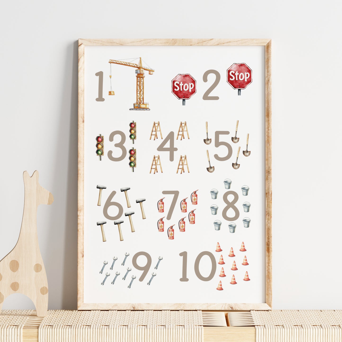 Kinderbild Zahlen Poster Baustelle Bagger Zahlenbild Lernposter Geschenk Dekoration Kinderzimmer