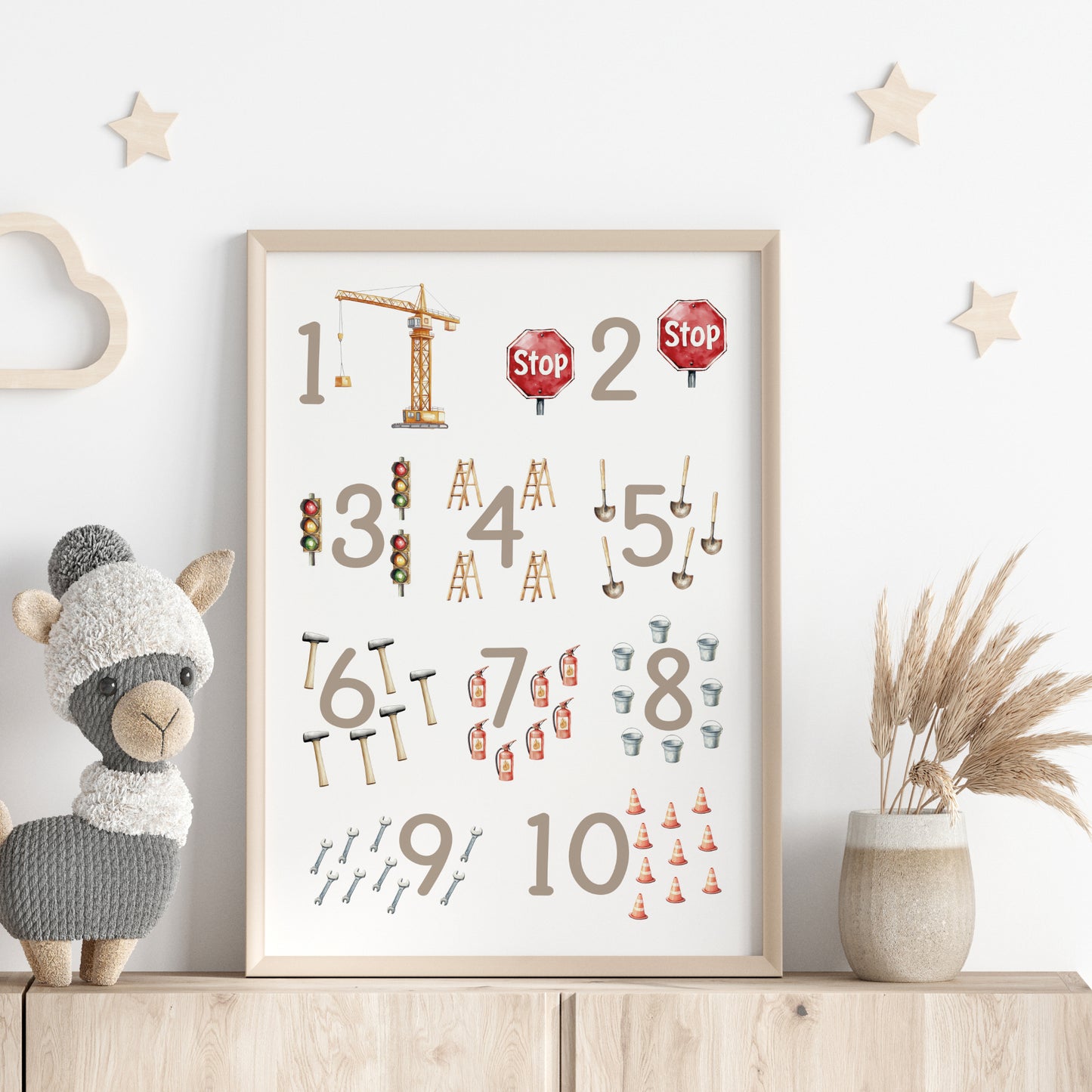 Kinderbild Zahlen Poster Baustelle Bagger Zahlenbild Lernposter Geschenk Dekoration Kinderzimmer
