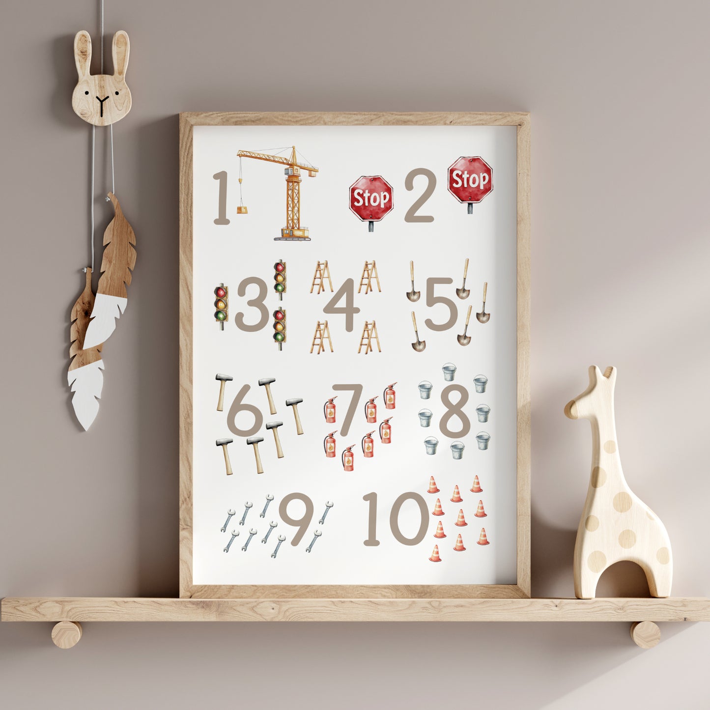 Kinderbild Zahlen Poster Baustelle Bagger Zahlenbild Lernposter Geschenk Dekoration Kinderzimmer