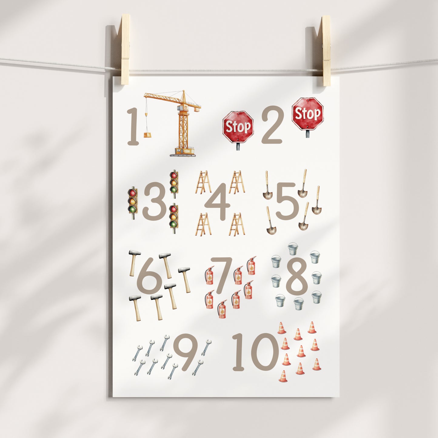 Kinderbild Zahlen Poster Baustelle Bagger Zahlenbild Lernposter Geschenk Dekoration Kinderzimmer