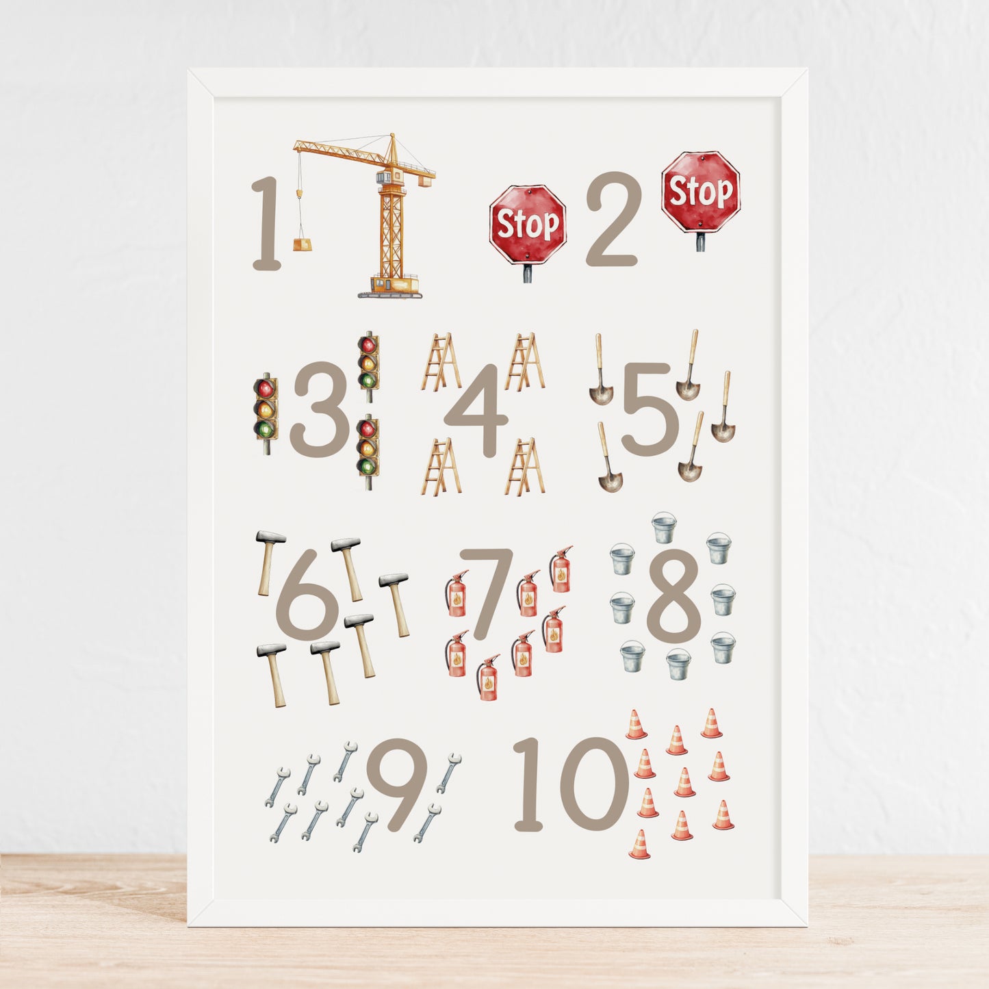 Kinderbild Zahlen Poster Baustelle Bagger Zahlenbild Lernposter Geschenk Dekoration Kinderzimmer