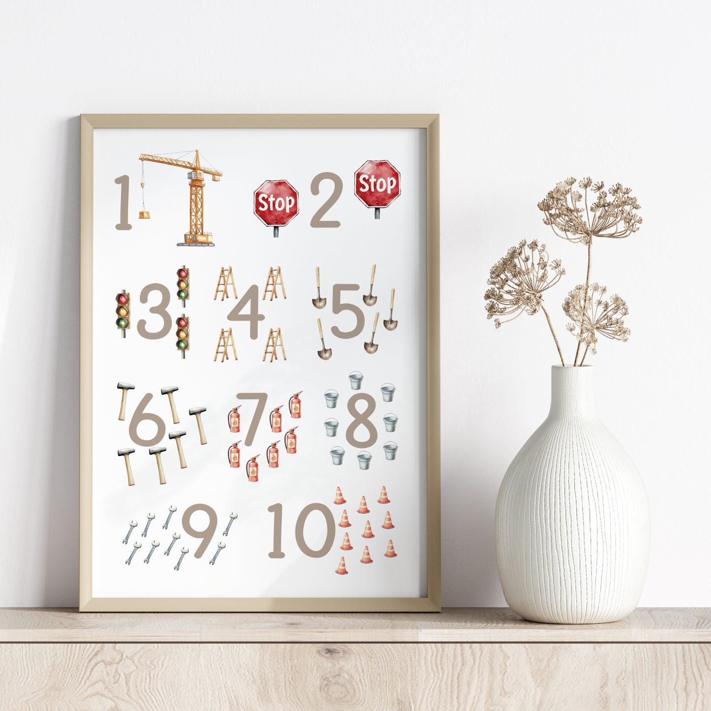 Kinderbild Zahlen Poster Baustelle Bagger Zahlenbild Lernposter Geschenk Dekoration Kinderzimmer
