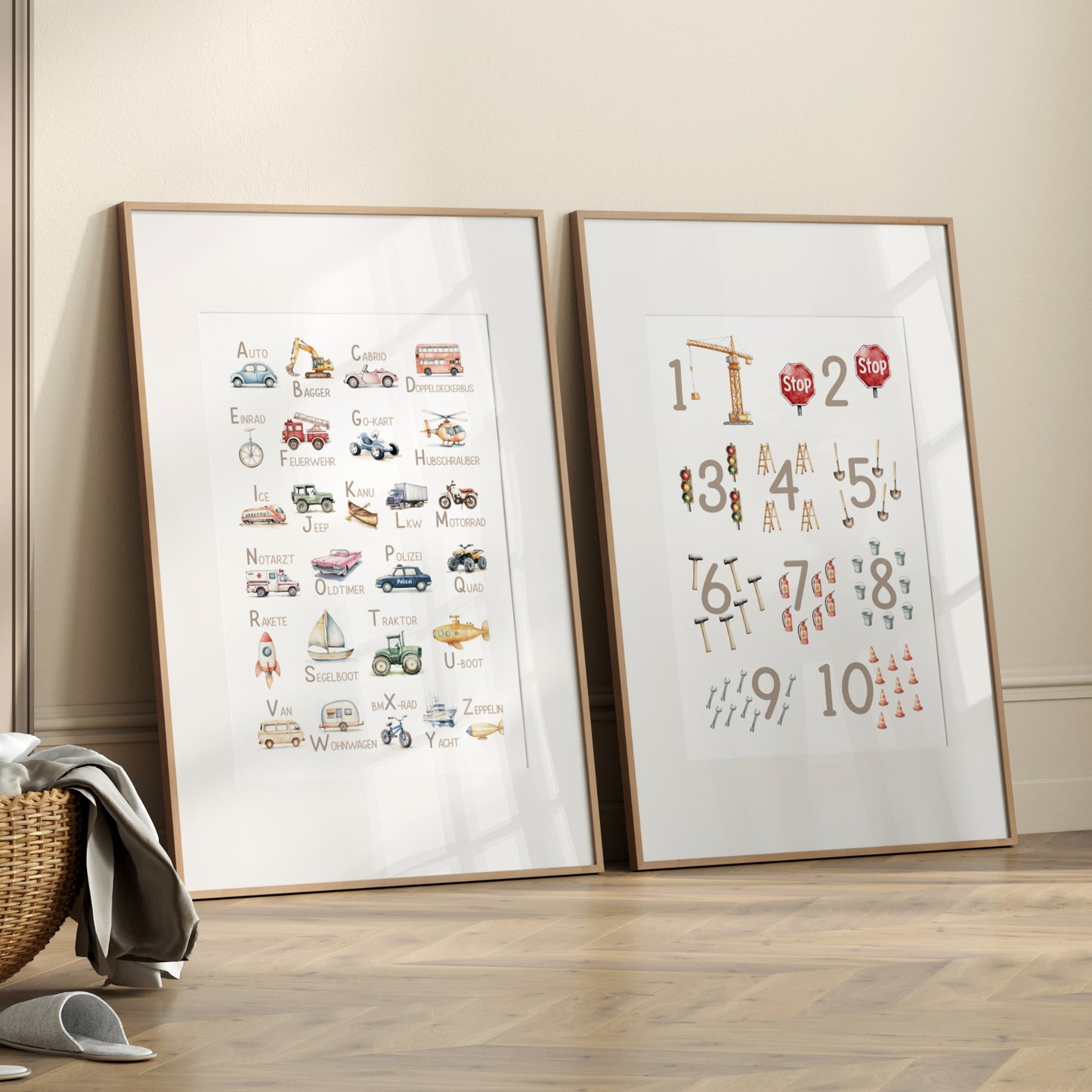 Kinderbild ABC und Zahlen Poster mit Fahrzeugen Alphabet Buchstaben Lernposter Dekoration Kinderzimmer