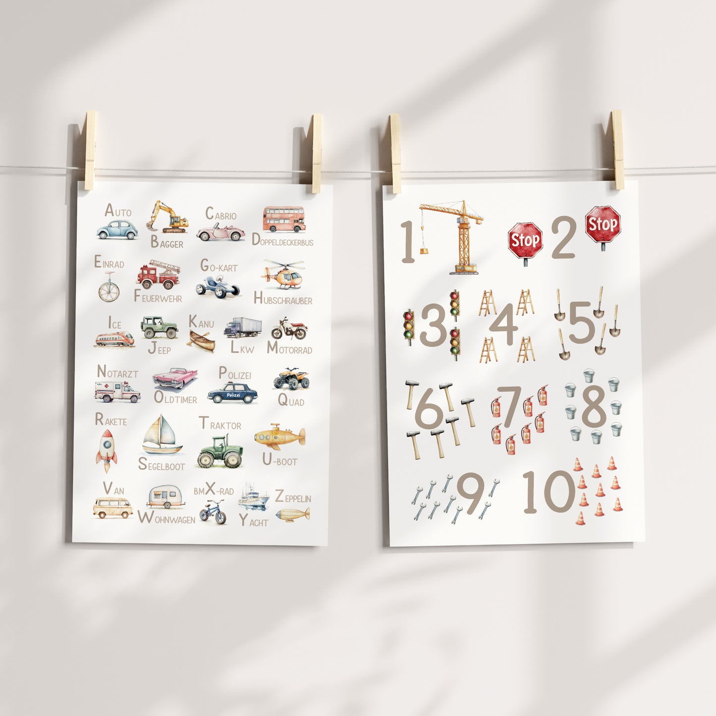 Kinderbild ABC und Zahlen Poster mit Fahrzeugen Alphabet Buchstaben Lernposter Dekoration Kinderzimmer