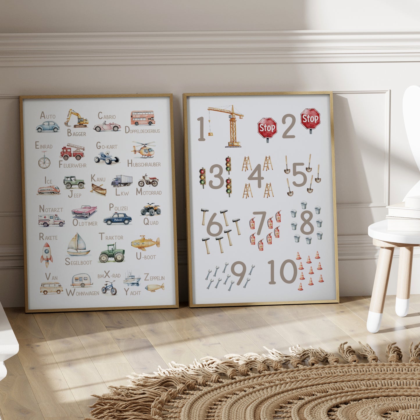 Kinderbild ABC und Zahlen Poster mit Fahrzeugen Alphabet Buchstaben Lernposter Dekoration Kinderzimmer