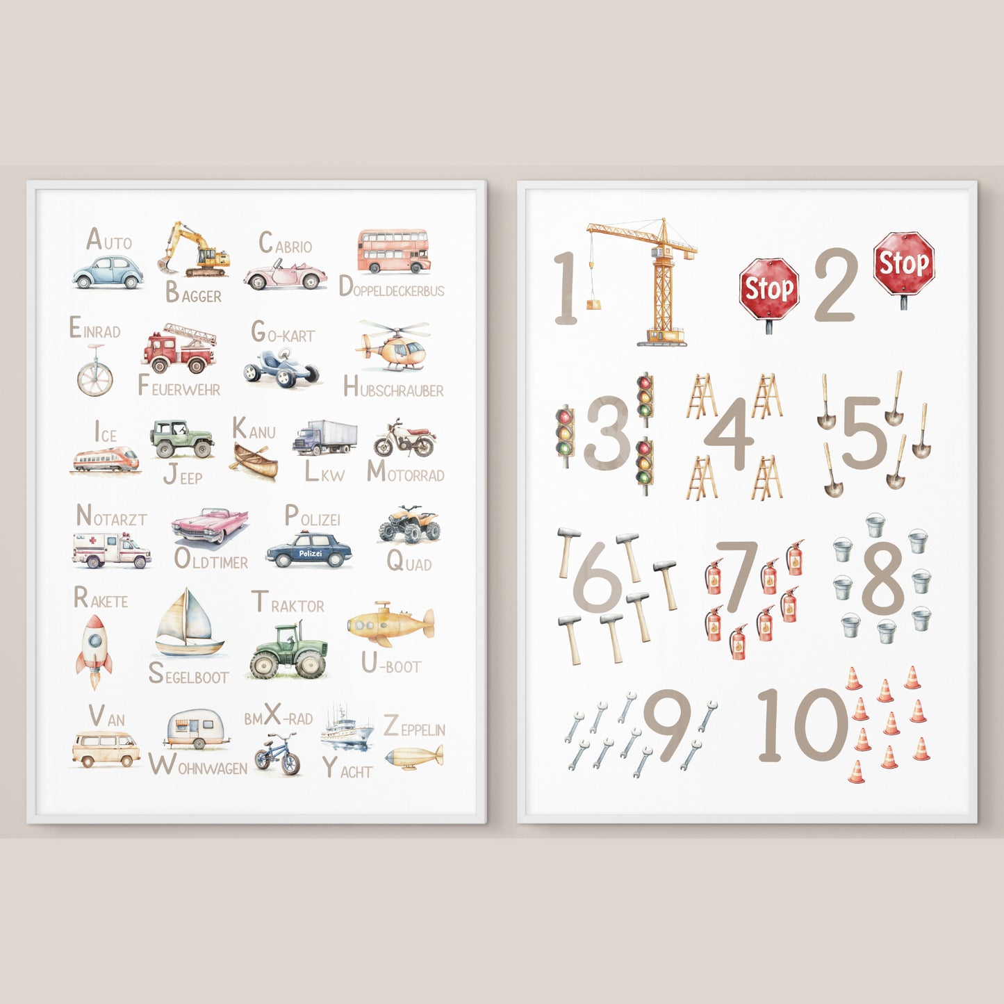 Kinderbild ABC und Zahlen Poster mit Fahrzeugen Alphabet Buchstaben Lernposter Dekoration Kinderzimmer