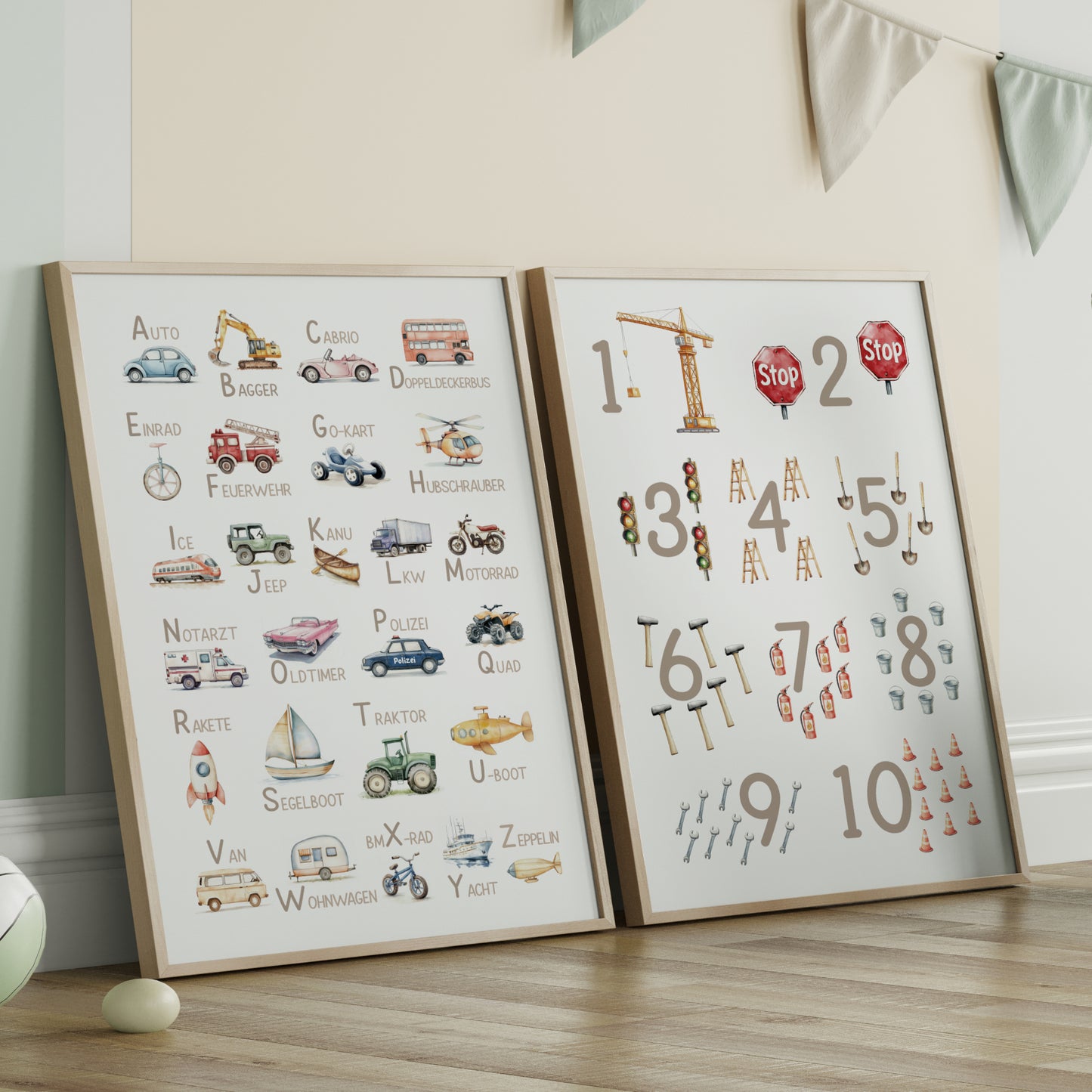 Kinderbild ABC und Zahlen Poster mit Fahrzeugen Alphabet Buchstaben Lernposter Dekoration Kinderzimmer