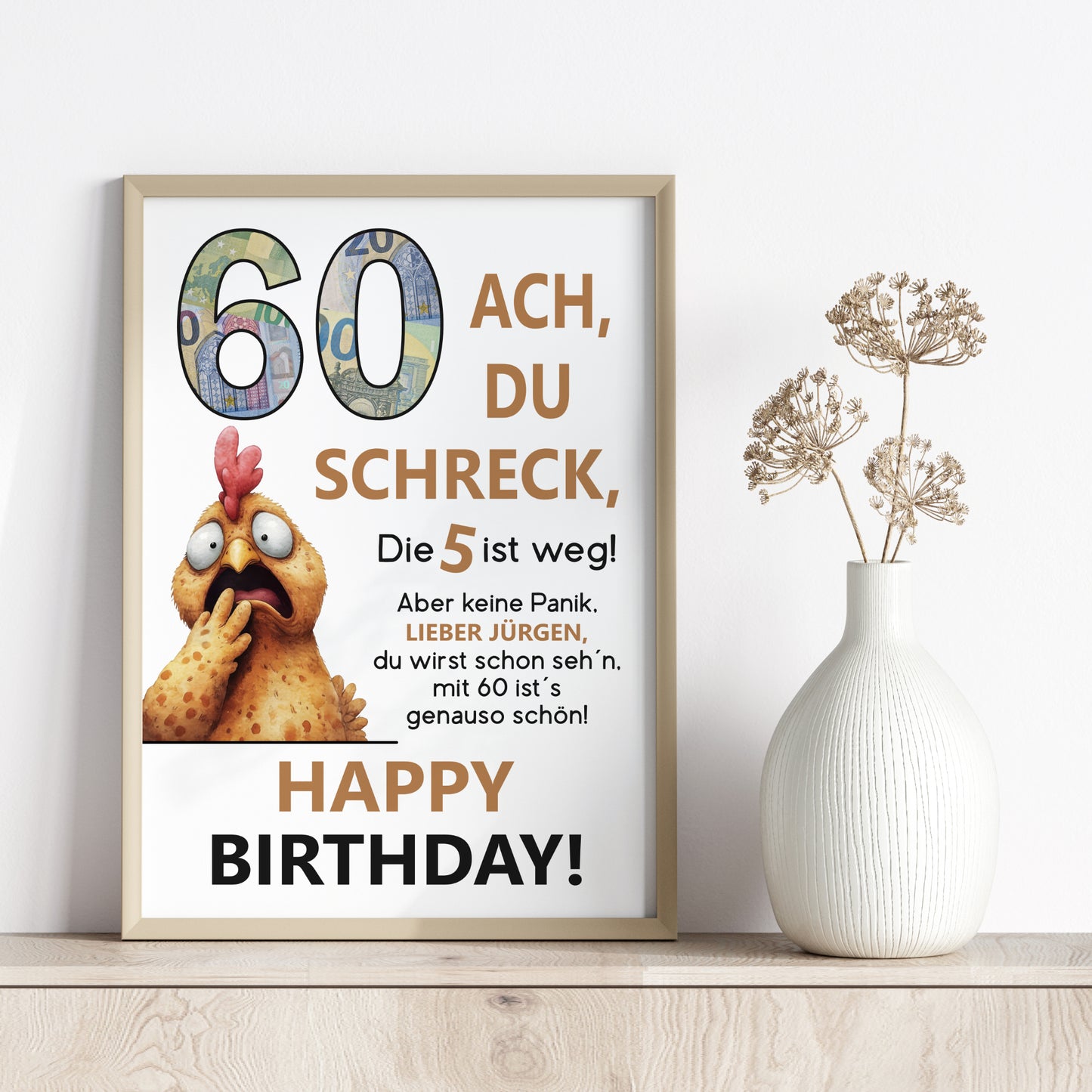 Geldgeschenk 60. Geburtstag Jubiläum runder Geburtstag Personalisiert Huhn Ach du Schreck