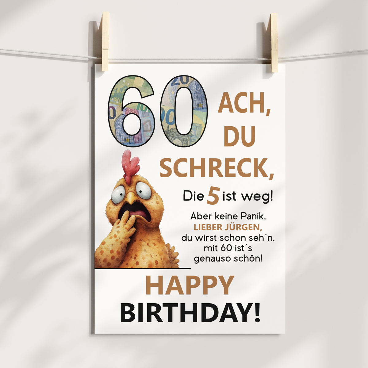 Geldgeschenk 60. Geburtstag Jubiläum runder Geburtstag Personalisiert Huhn Ach du Schreck