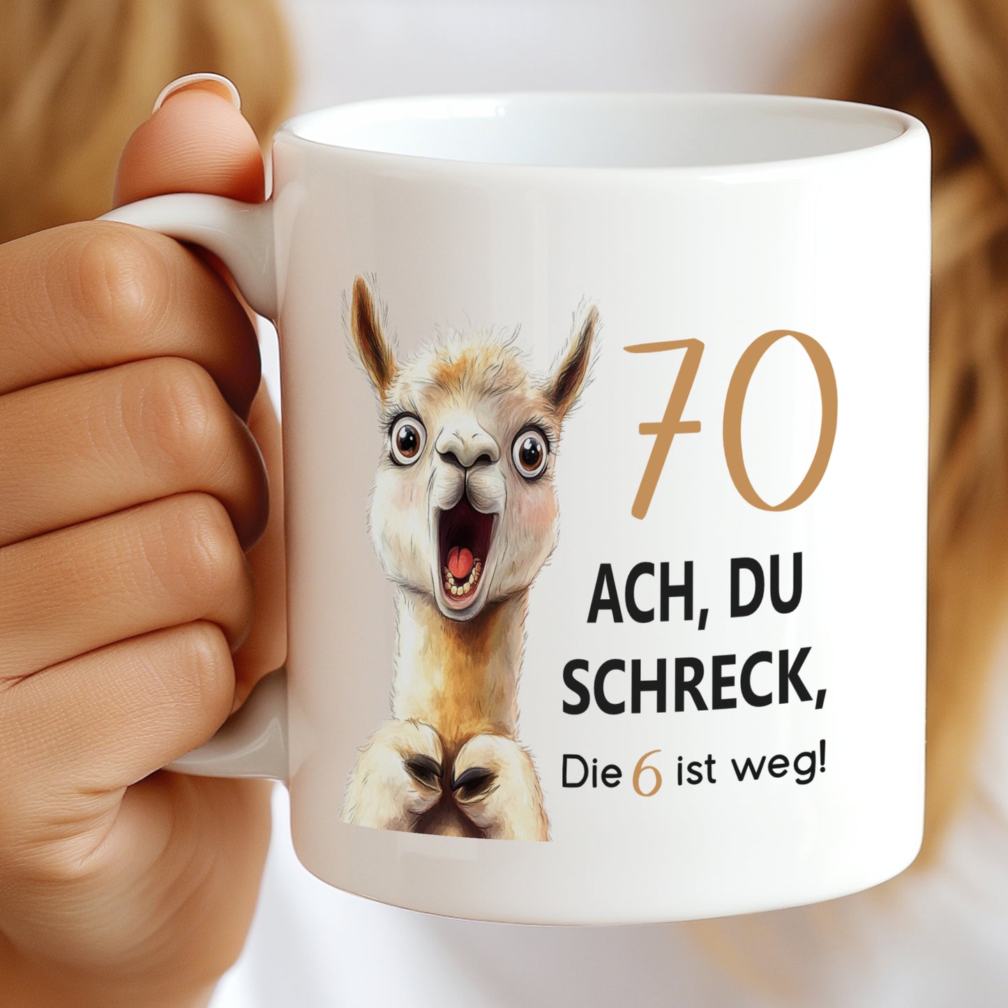 Tasse 70. Geburtstag Jubiläum Frau Mann | Lama Alpaka Ach du Schreck | personalisiert mit Name | Becher | Kaffeetasse | Kaffeebecher