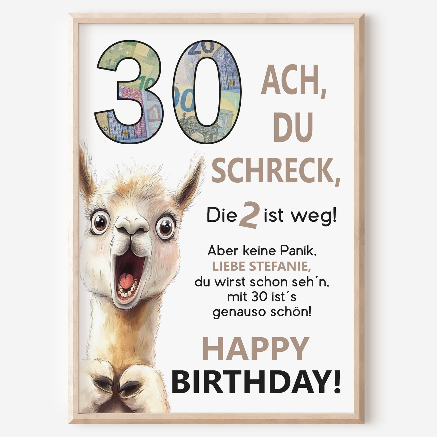 Geldgeschenk 30. Geburtstag Jubiläum runder Geburtstag Personalisiert Lama Alpaka Ach du Schreck