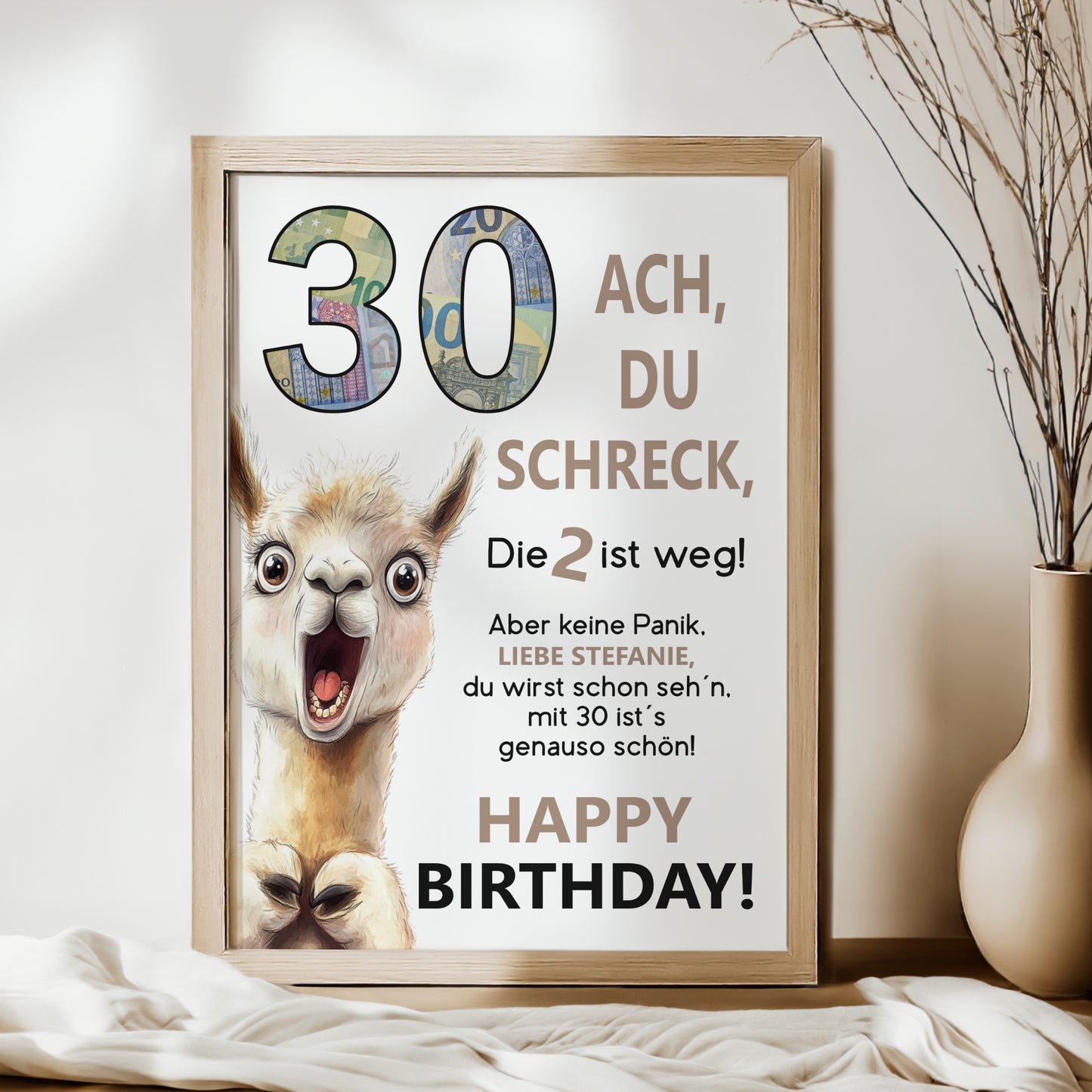 Geldgeschenk 30. Geburtstag Jubiläum runder Geburtstag Personalisiert Lama Alpaka Ach du Schreck