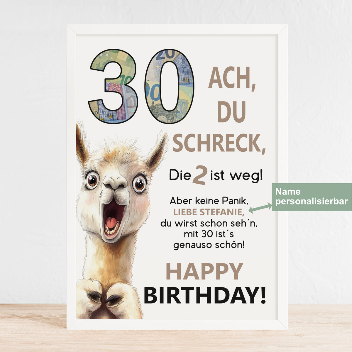 Geldgeschenk 30. Geburtstag Jubiläum runder Geburtstag Personalisiert Lama Alpaka Ach du Schreck
