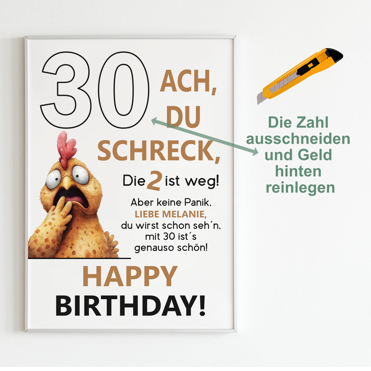 Geldgeschenk 30. Geburtstag Jubiläum runder Geburtstag Personalisiert Huhn Ach du Schreck