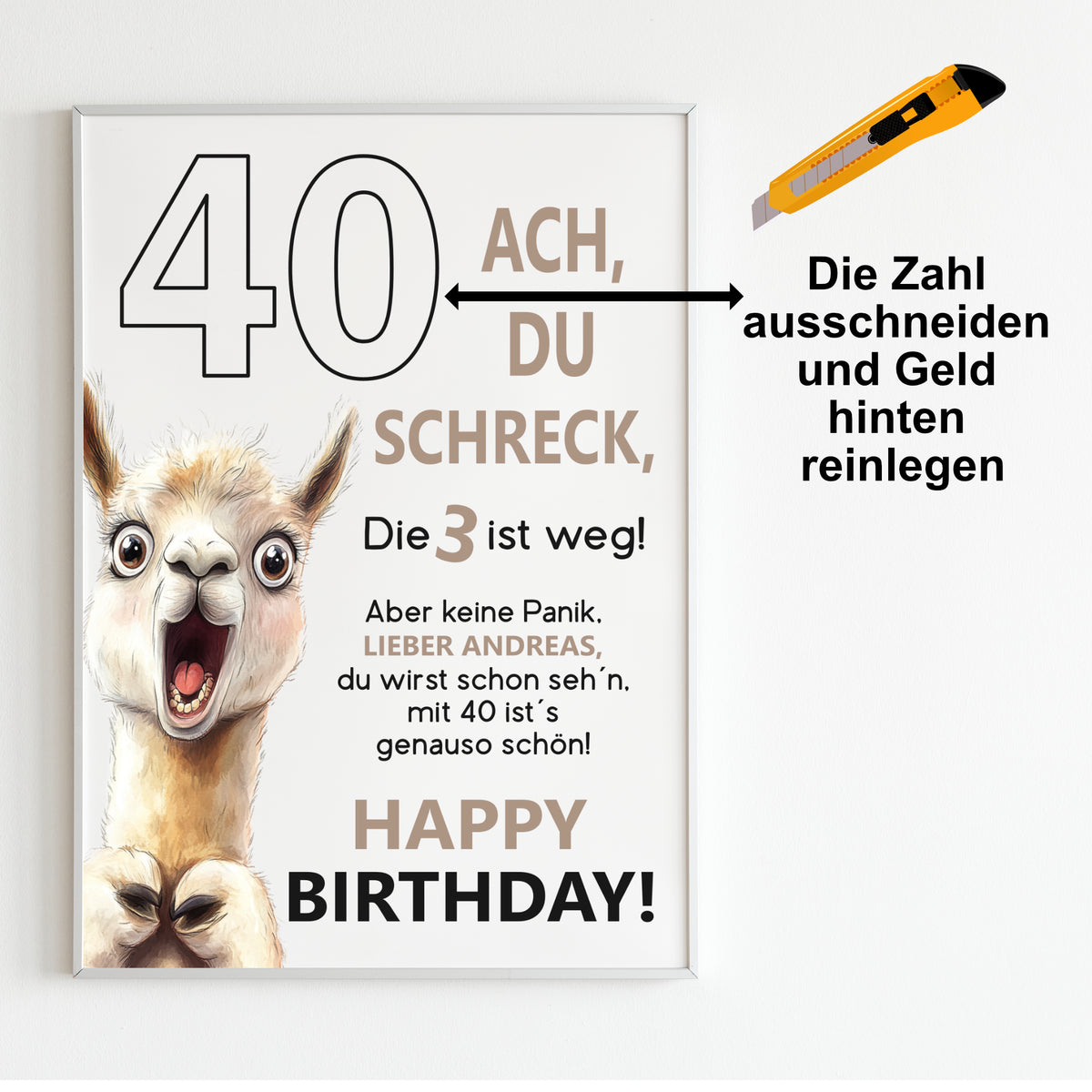 Geldgeschenk 40. Geburtstag Jubiläum runder Geburtstag Personalisiert Lama Alpaka Ach du Schreck