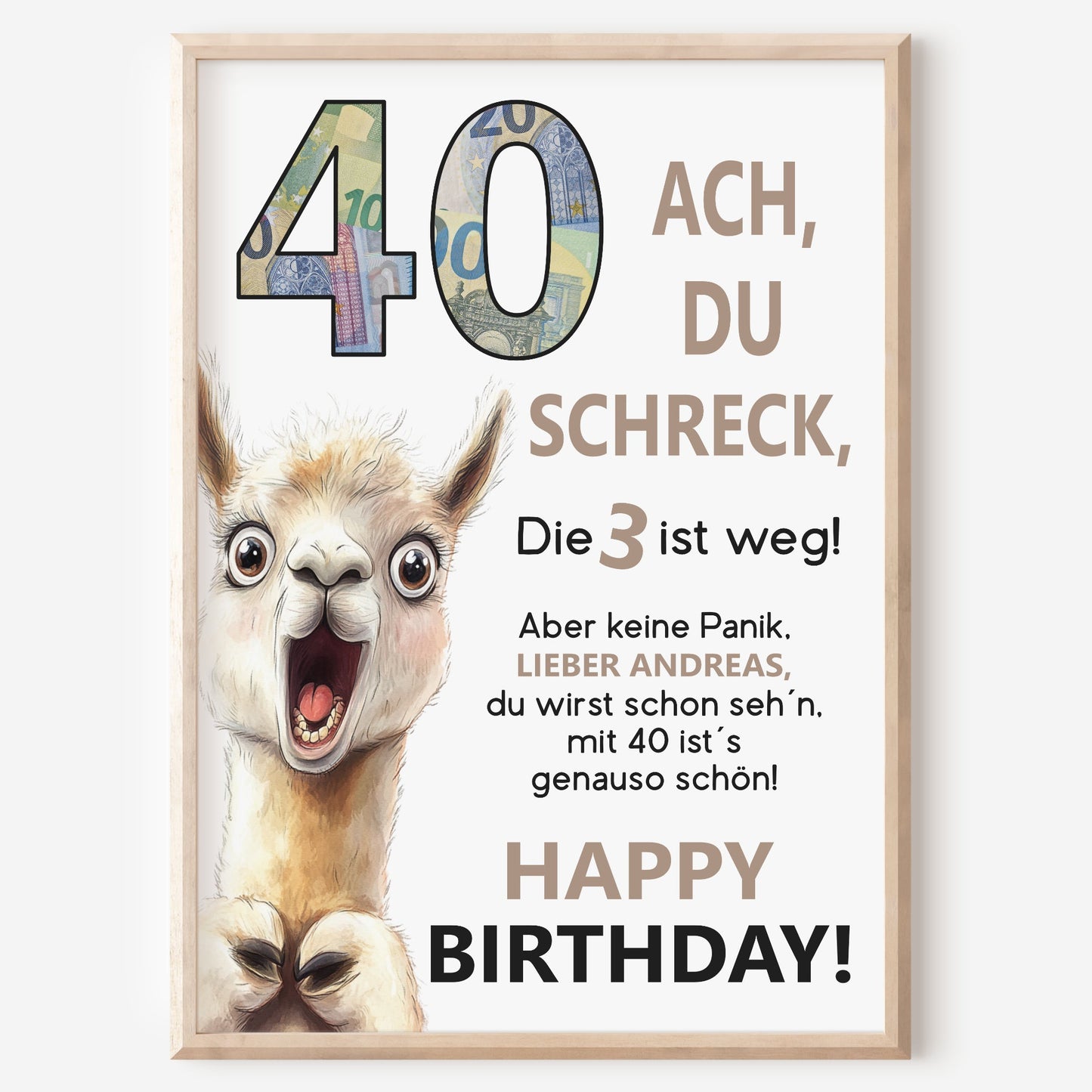 Geldgeschenk 40. Geburtstag Jubiläum runder Geburtstag Personalisiert Lama Alpaka Ach du Schreck