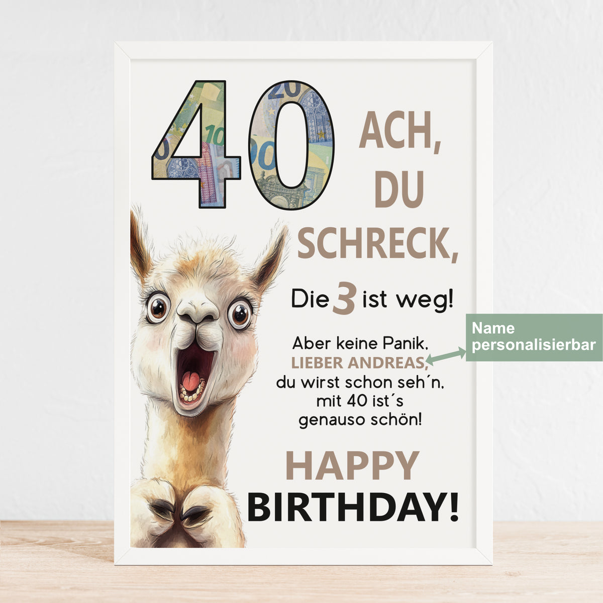 Geldgeschenk 40. Geburtstag Jubiläum runder Geburtstag Personalisiert Lama Alpaka Ach du Schreck