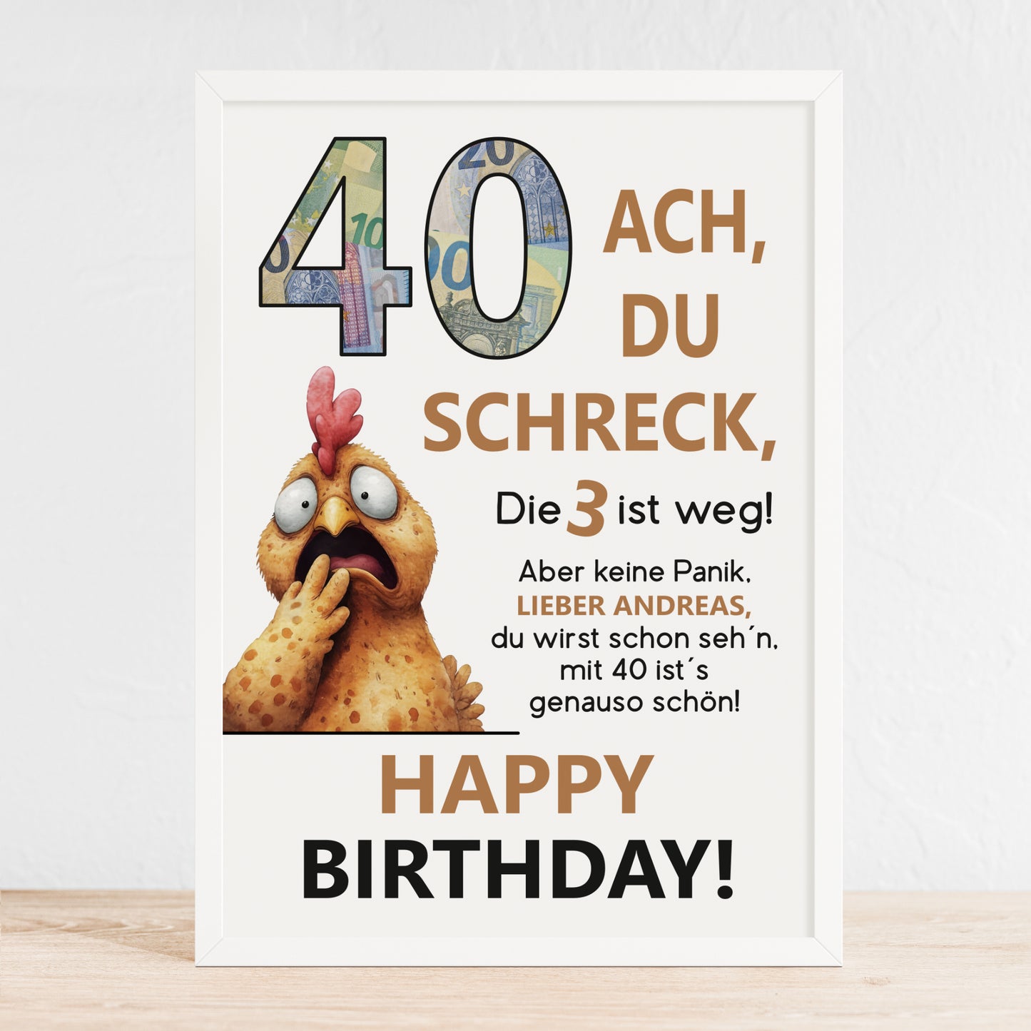 Geldgeschenk 40. Geburtstag Jubiläum runder Geburtstag Personalisiert Huhn Ach du Schreck