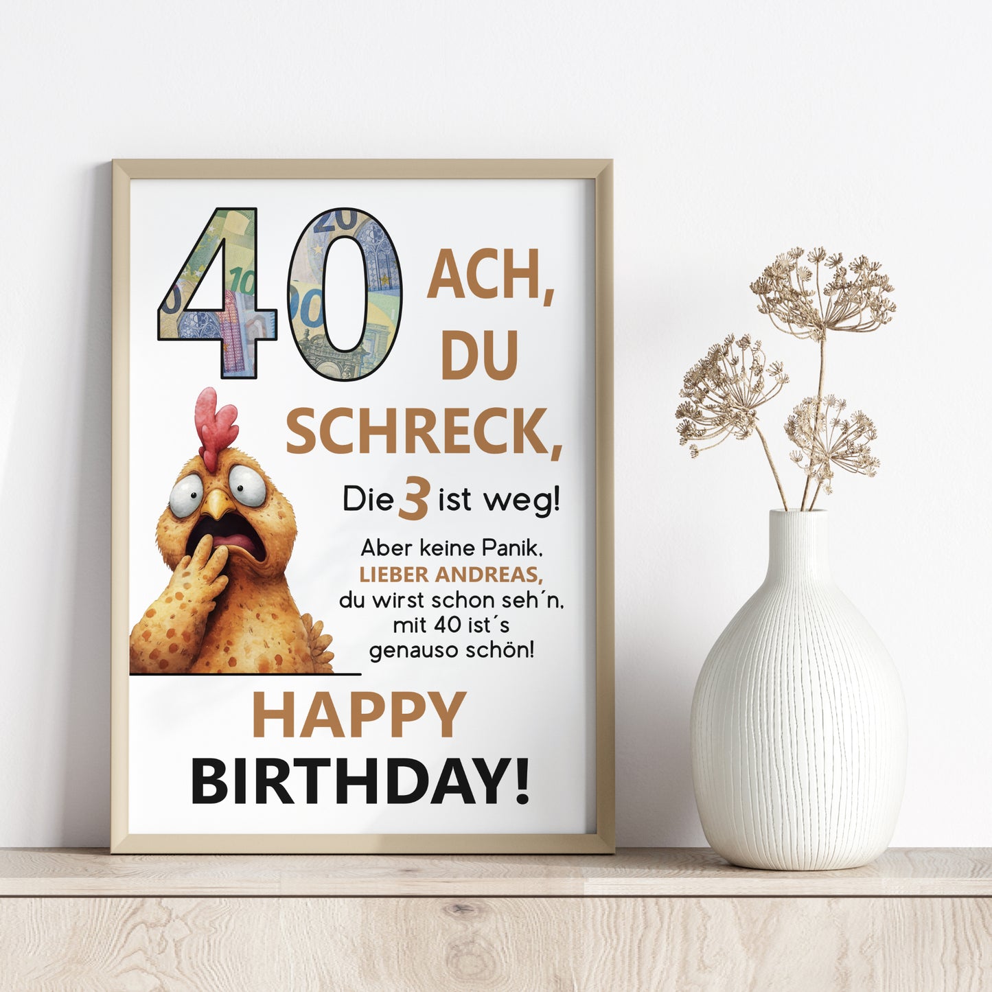 Geldgeschenk 40. Geburtstag Jubiläum runder Geburtstag Personalisiert Huhn Ach du Schreck