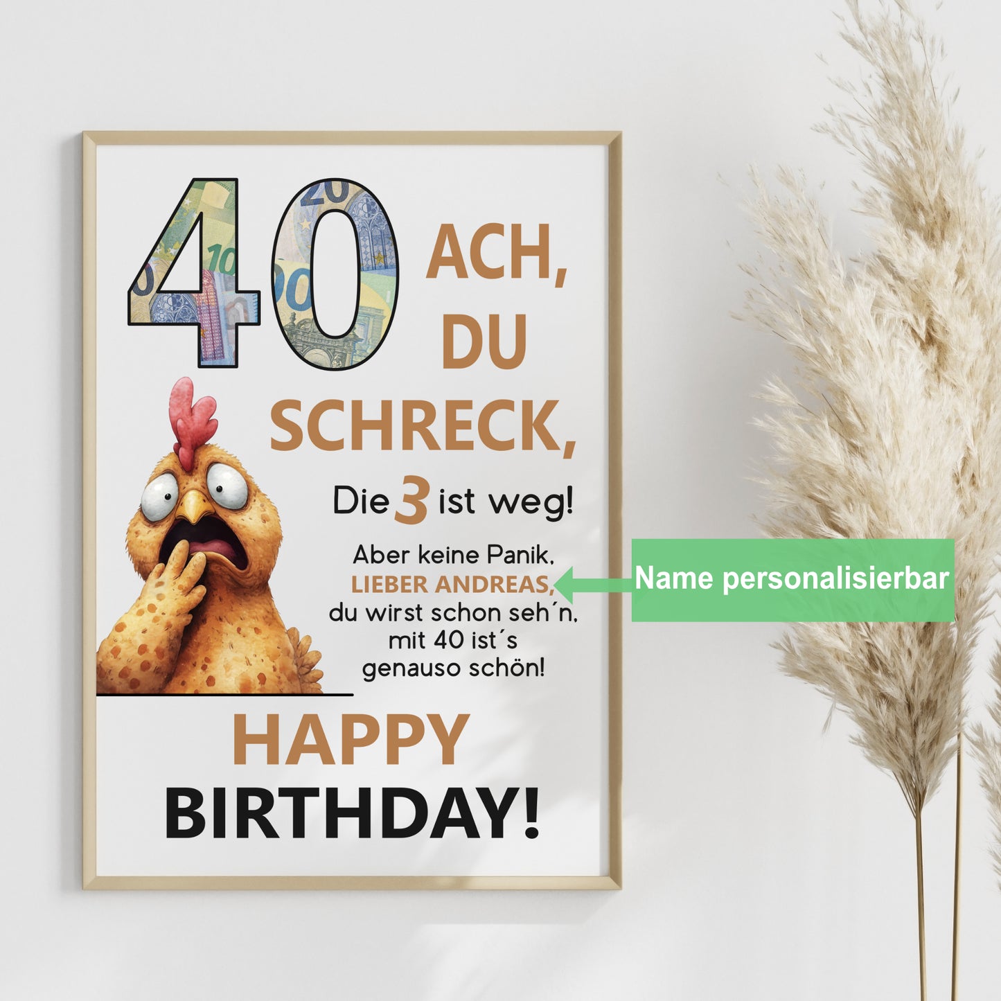 Geldgeschenk 40. Geburtstag Jubiläum runder Geburtstag Personalisiert Huhn Ach du Schreck