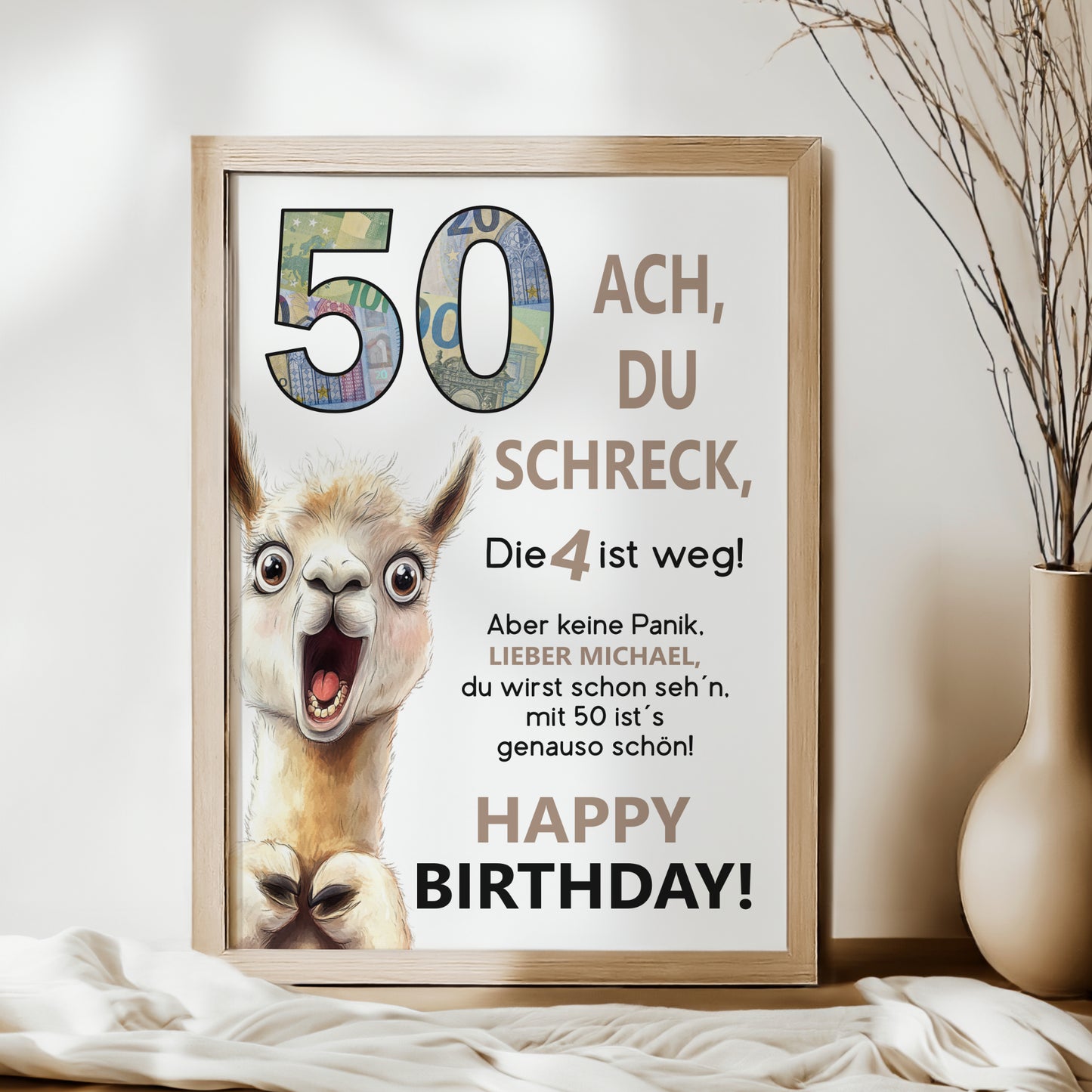 Geldgeschenk 50. Geburtstag Jubiläum runder Geburtstag Personalisiert Lama Alpaka Ach du Schreck