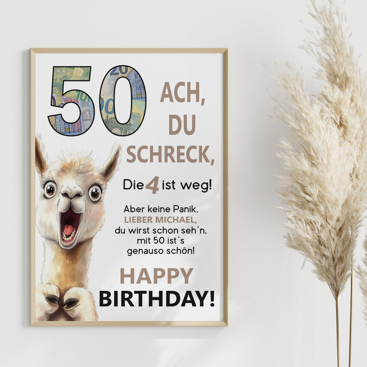 Geldgeschenk 50. Geburtstag Jubiläum runder Geburtstag Personalisiert Lama Alpaka Ach du Schreck