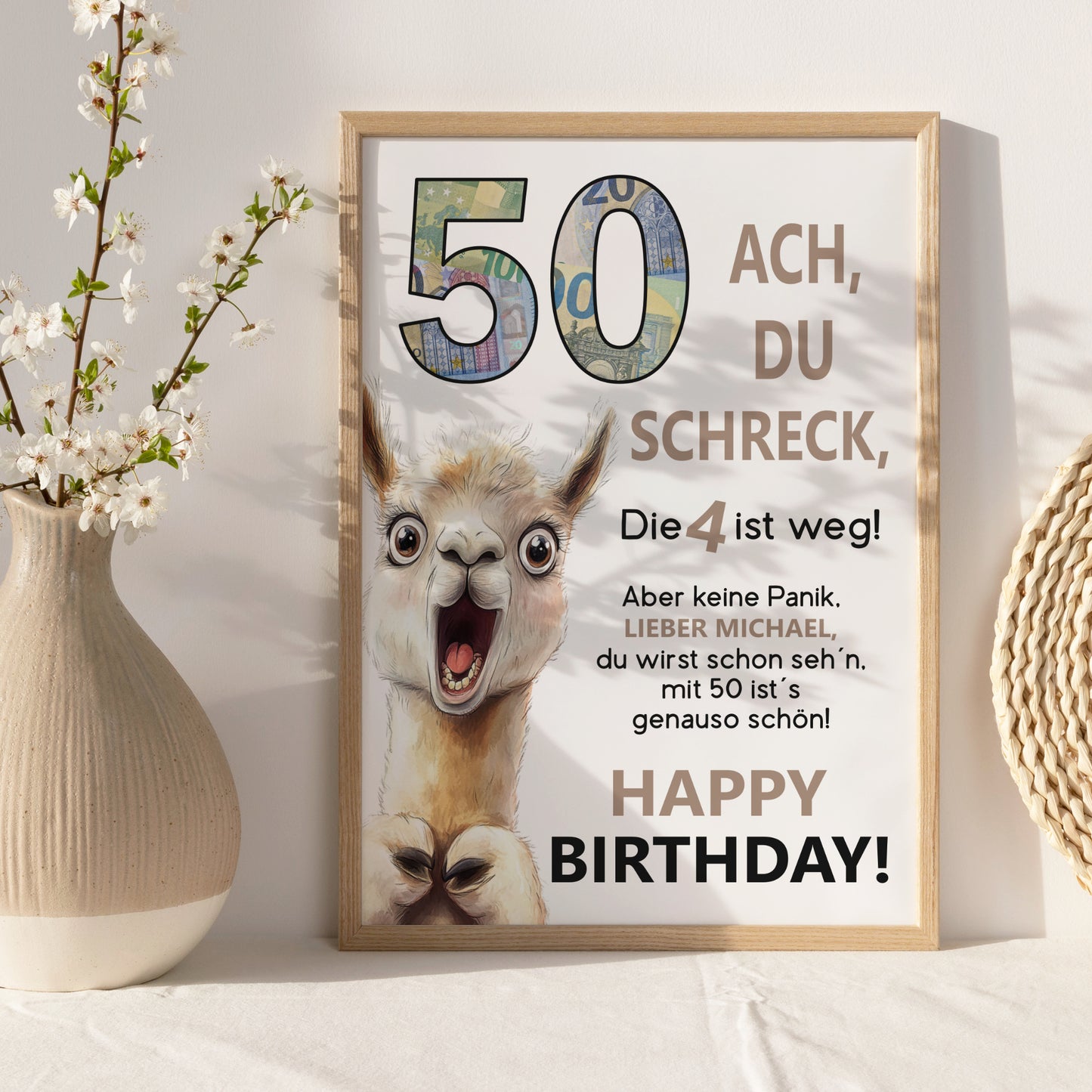 Geldgeschenk 50. Geburtstag Jubiläum runder Geburtstag Personalisiert Lama Alpaka Ach du Schreck