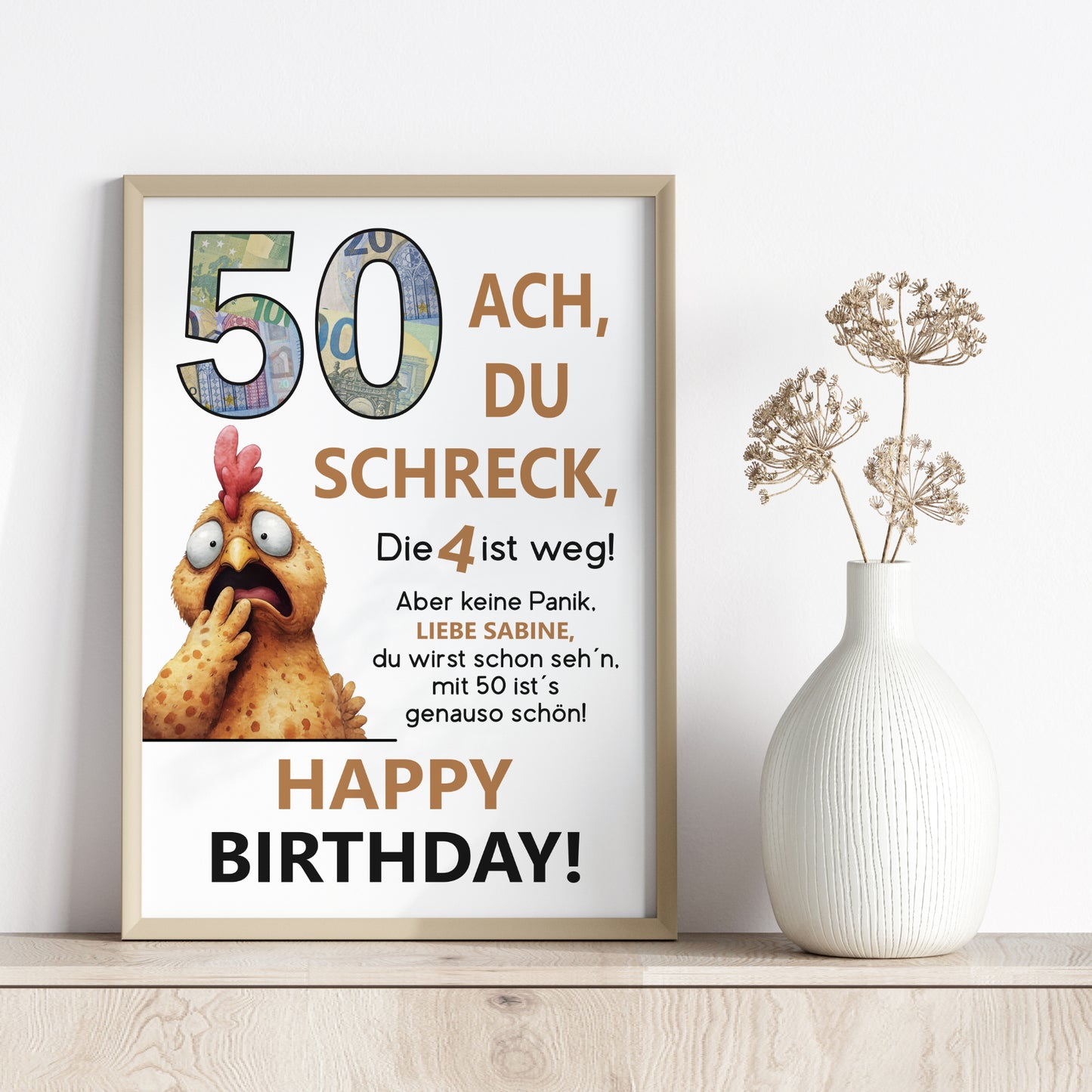 Geldgeschenk 50. Geburtstag Jubiläum runder Geburtstag Personalisiert Huhn Ach du Schreck