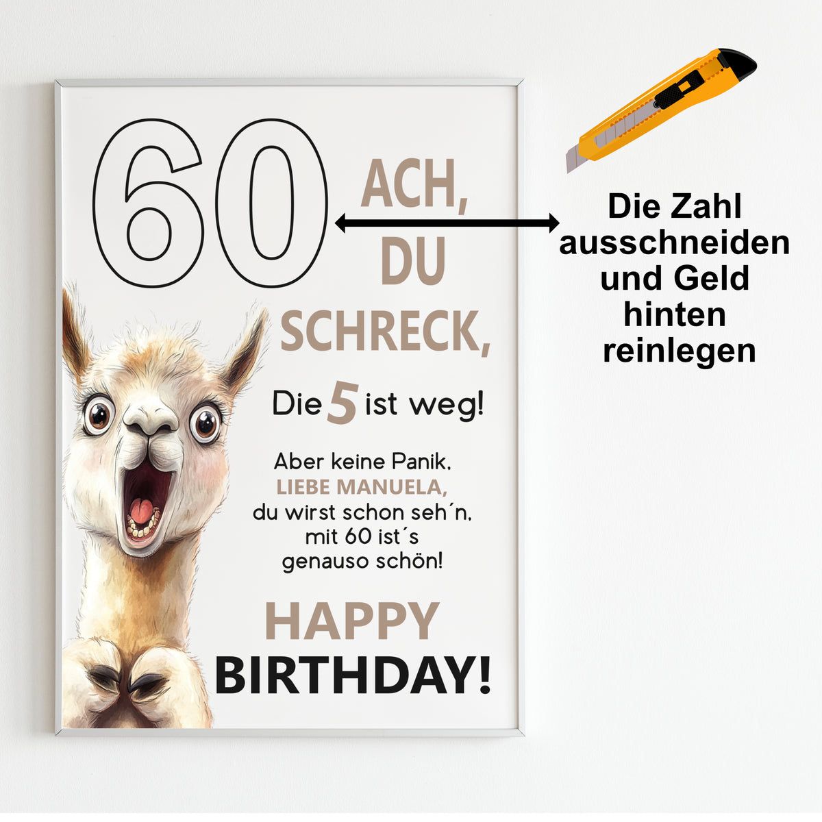 Geldgeschenk 60. Geburtstag Jubiläum runder Geburtstag Personalisiert Lama Alpaka Ach du Schreck
