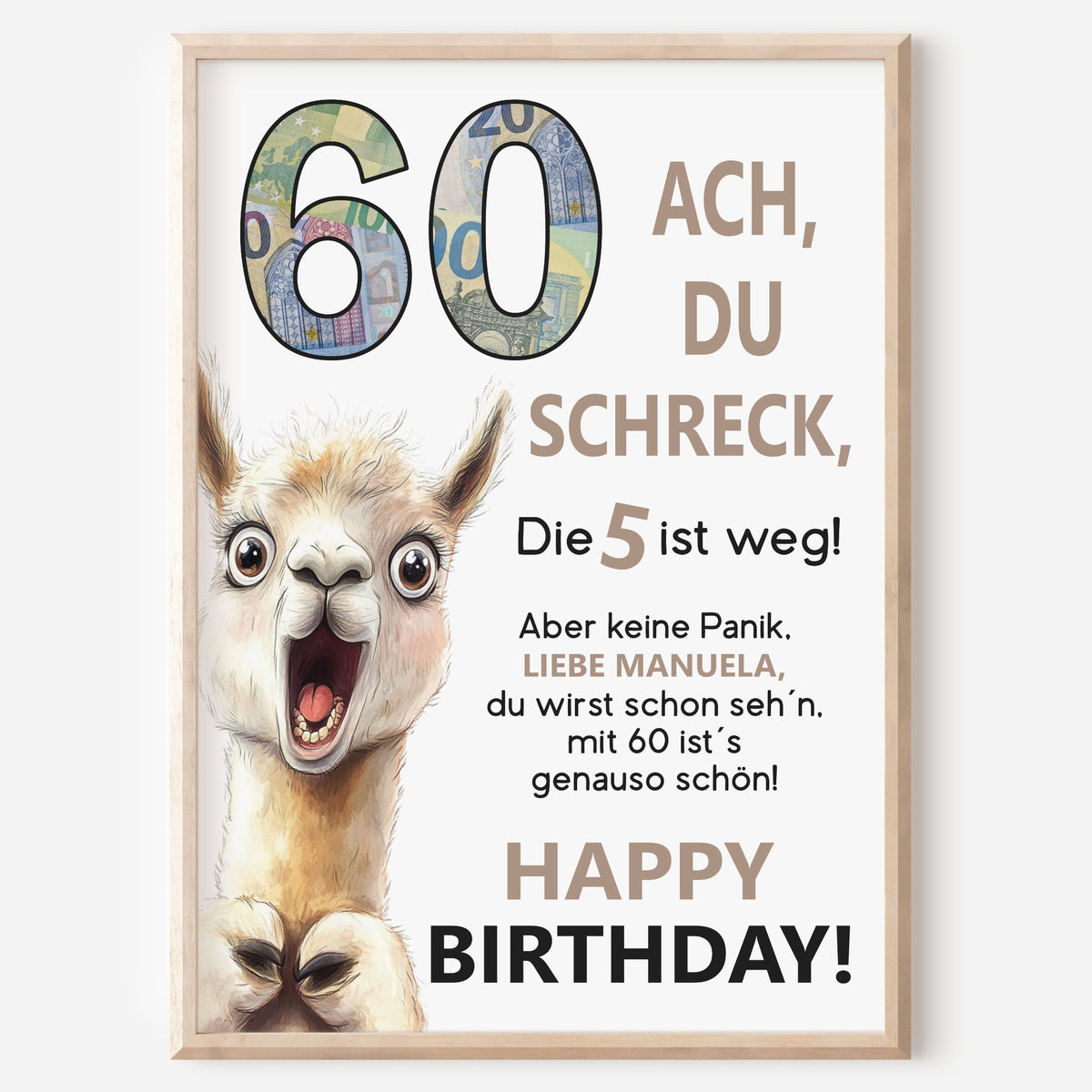 Geldgeschenk 60. Geburtstag Jubiläum runder Geburtstag Personalisiert Lama Alpaka Ach du Schreck