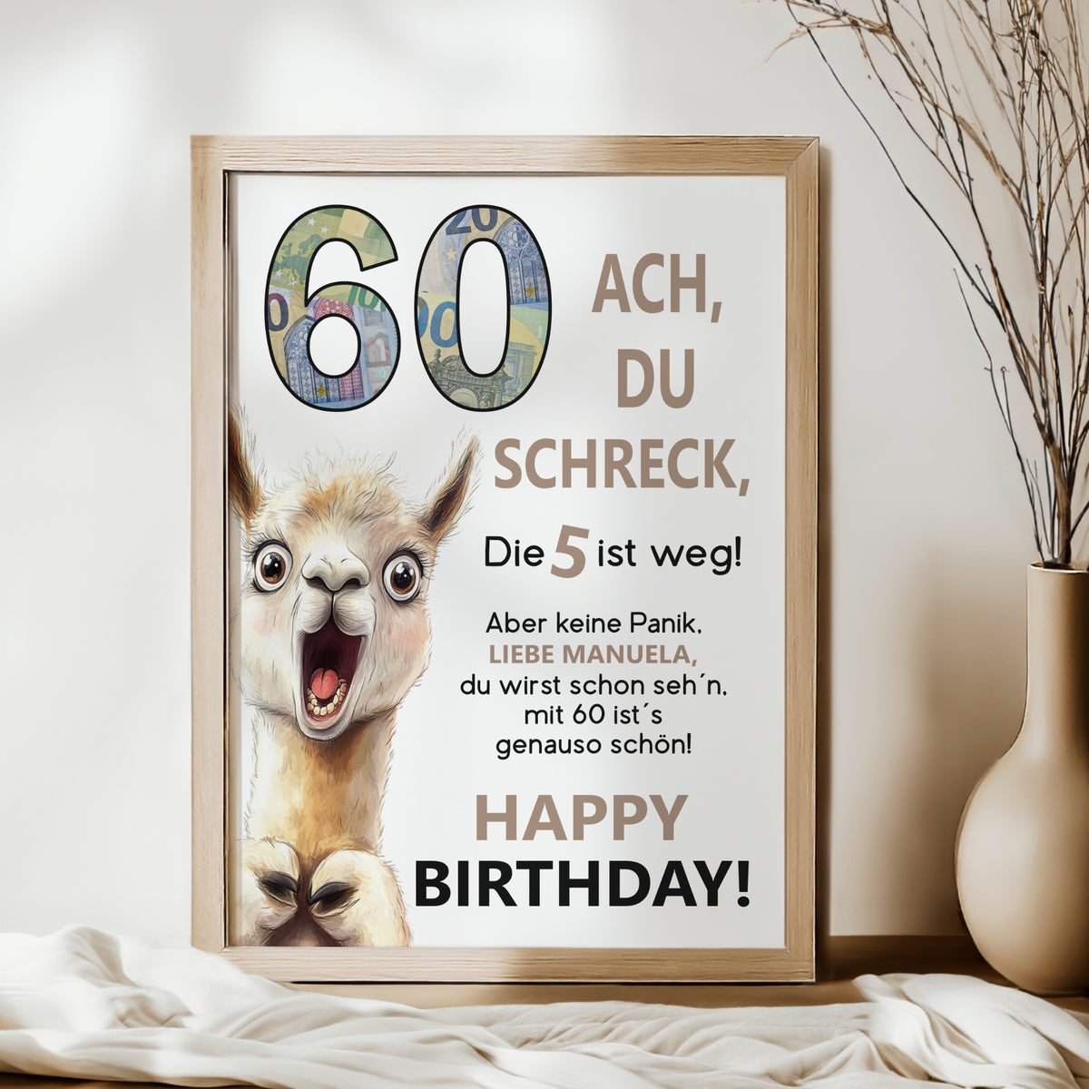 Geldgeschenk 60. Geburtstag Jubiläum runder Geburtstag Personalisiert Lama Alpaka Ach du Schreck