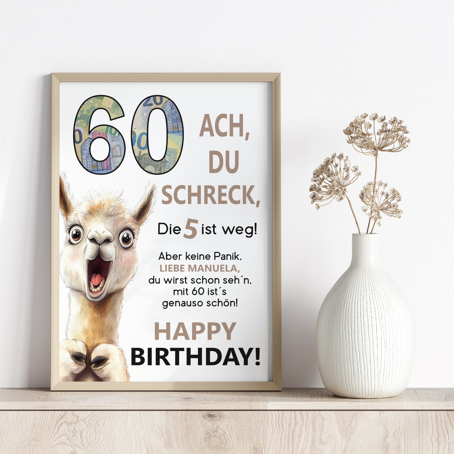 Geldgeschenk 60. Geburtstag Jubiläum runder Geburtstag Personalisiert Lama Alpaka Ach du Schreck