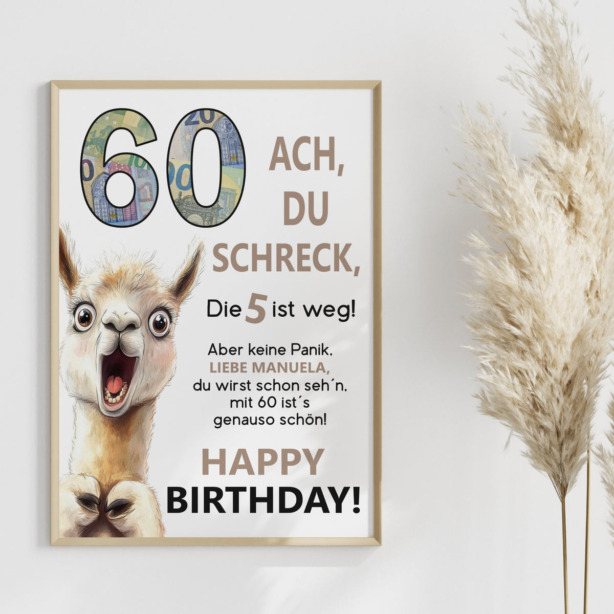 Geldgeschenk 60. Geburtstag Jubiläum runder Geburtstag Personalisiert Lama Alpaka Ach du Schreck