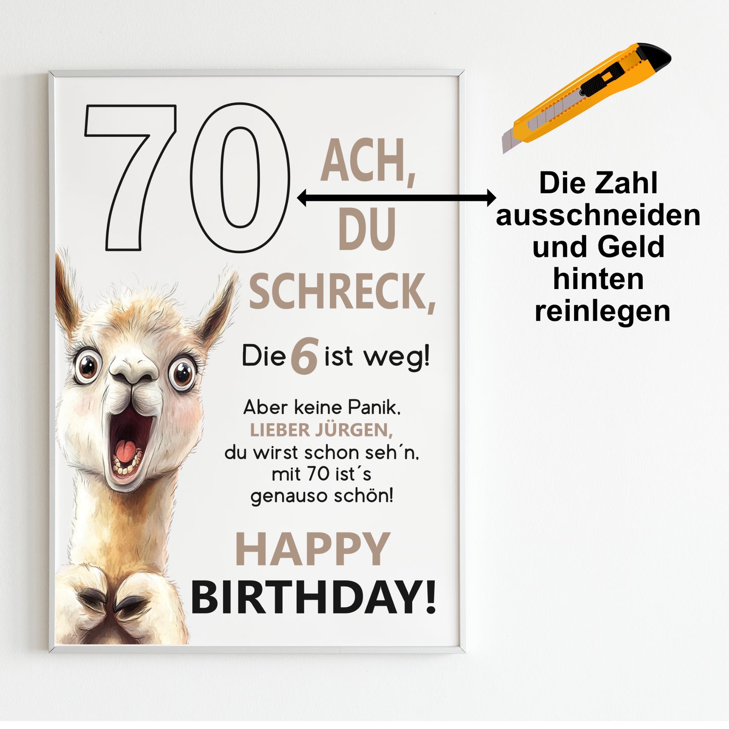 Geldgeschenk 70. Geburtstag Jubiläum runder Geburtstag Personalisiert Lama Alpaka Ach du Schreck
