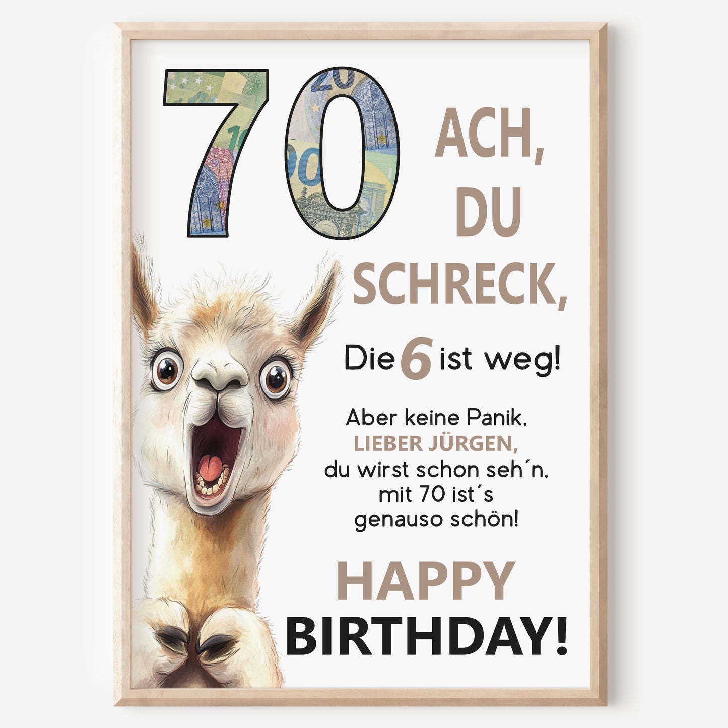Geldgeschenk 70. Geburtstag Jubiläum runder Geburtstag Personalisiert Lama Alpaka Ach du Schreck