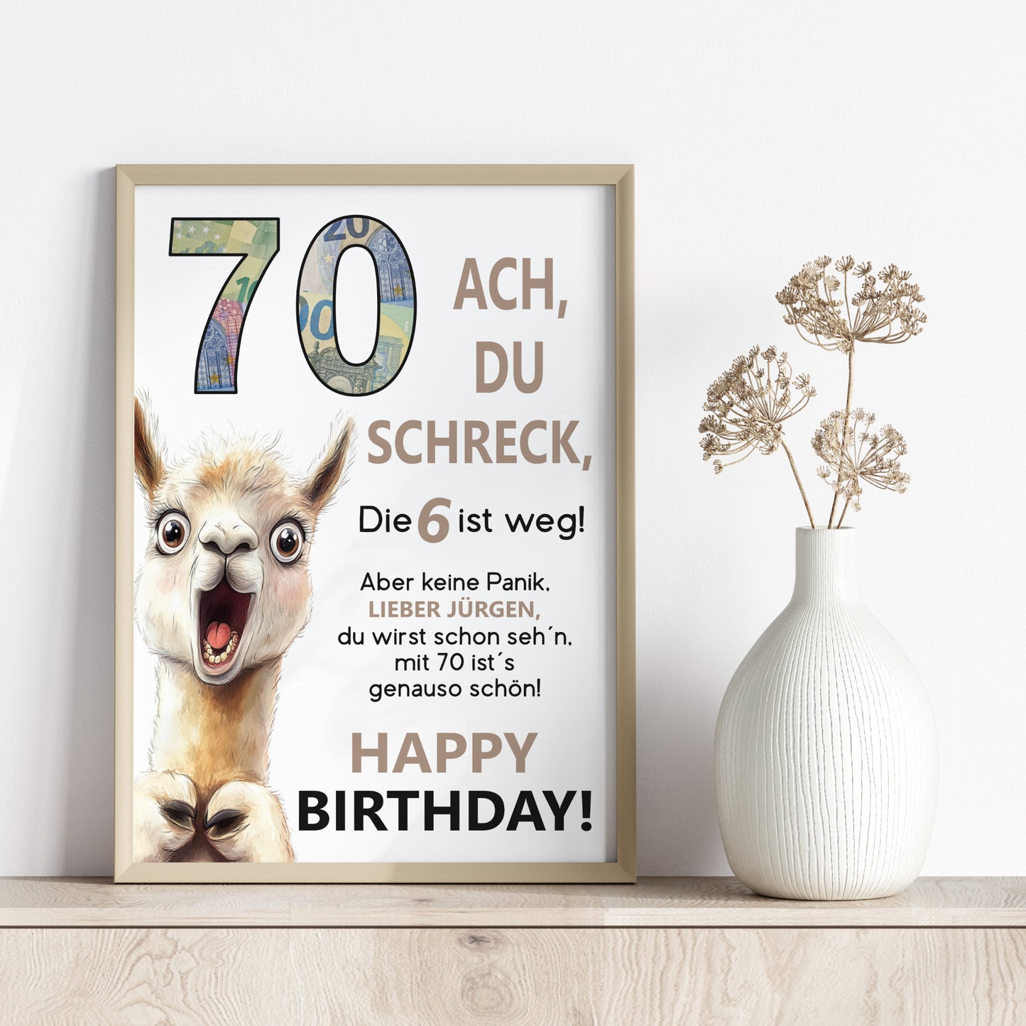 Geldgeschenk 70. Geburtstag Jubiläum runder Geburtstag Personalisiert Lama Alpaka Ach du Schreck