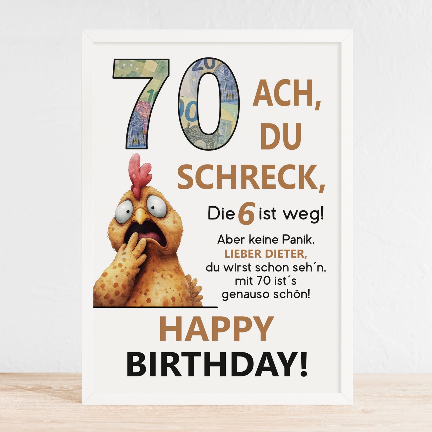 Geldgeschenk 70. Geburtstag Jubiläum runder Geburtstag Personalisiert Huhn Ach du Schreck