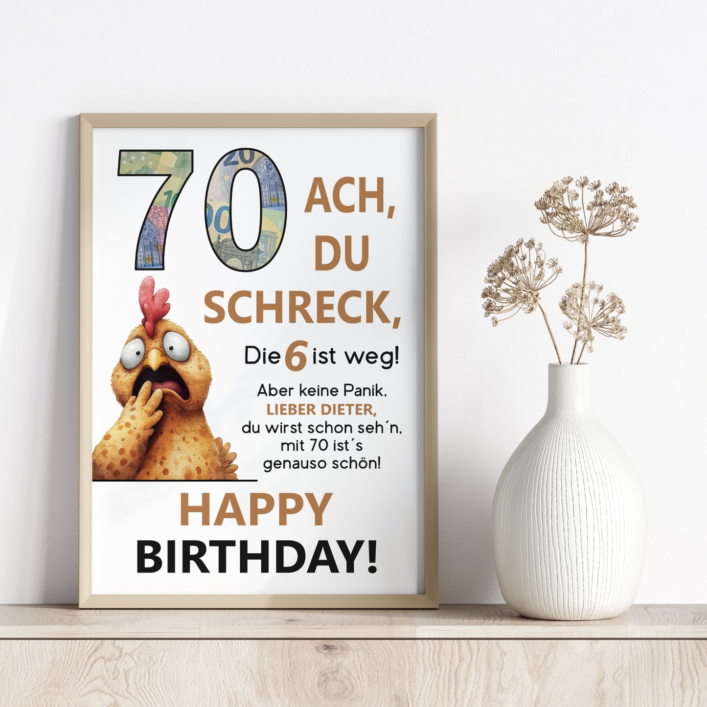 Geldgeschenk 70. Geburtstag Jubiläum runder Geburtstag Personalisiert Huhn Ach du Schreck
