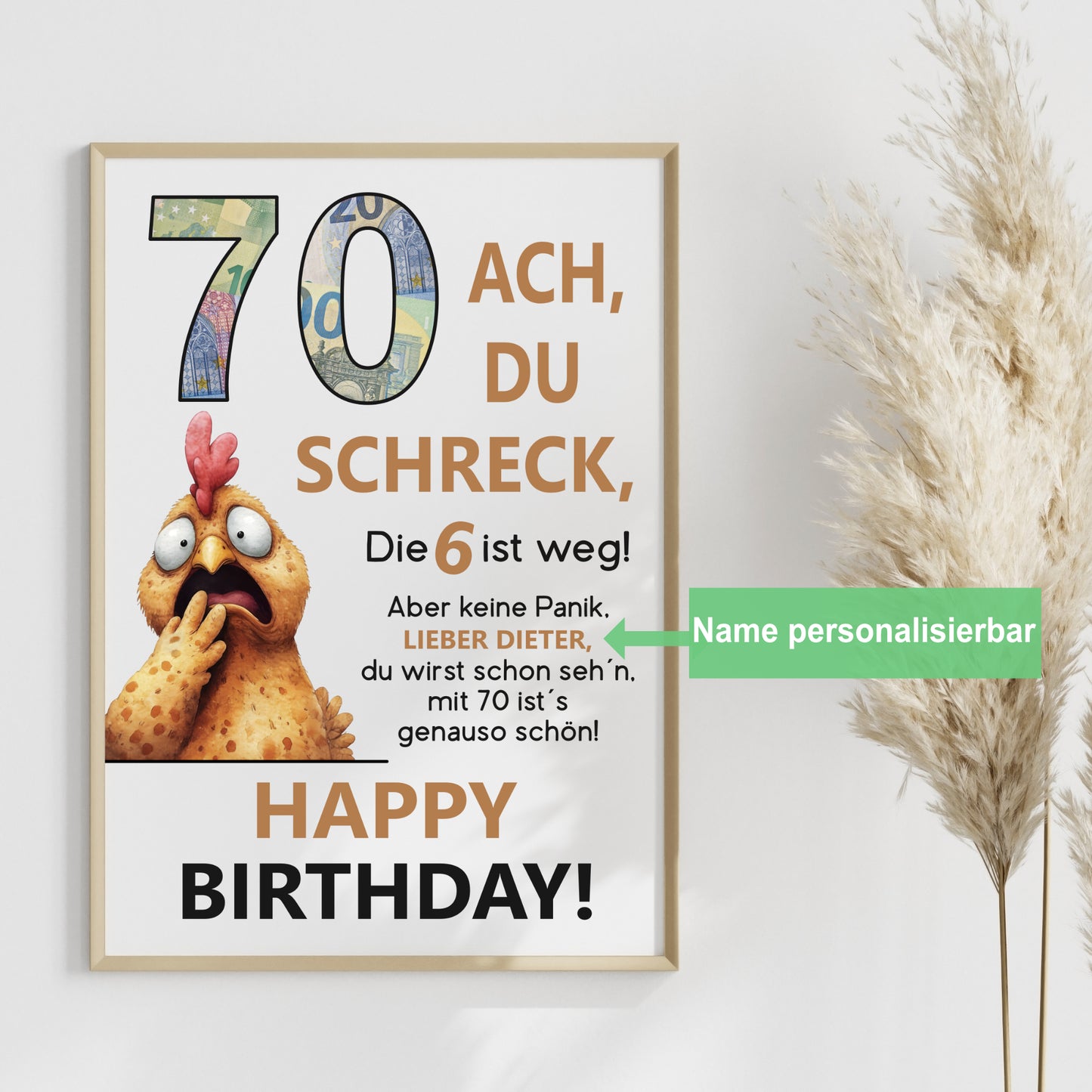 Geldgeschenk 70. Geburtstag Jubiläum runder Geburtstag Personalisiert Huhn Ach du Schreck