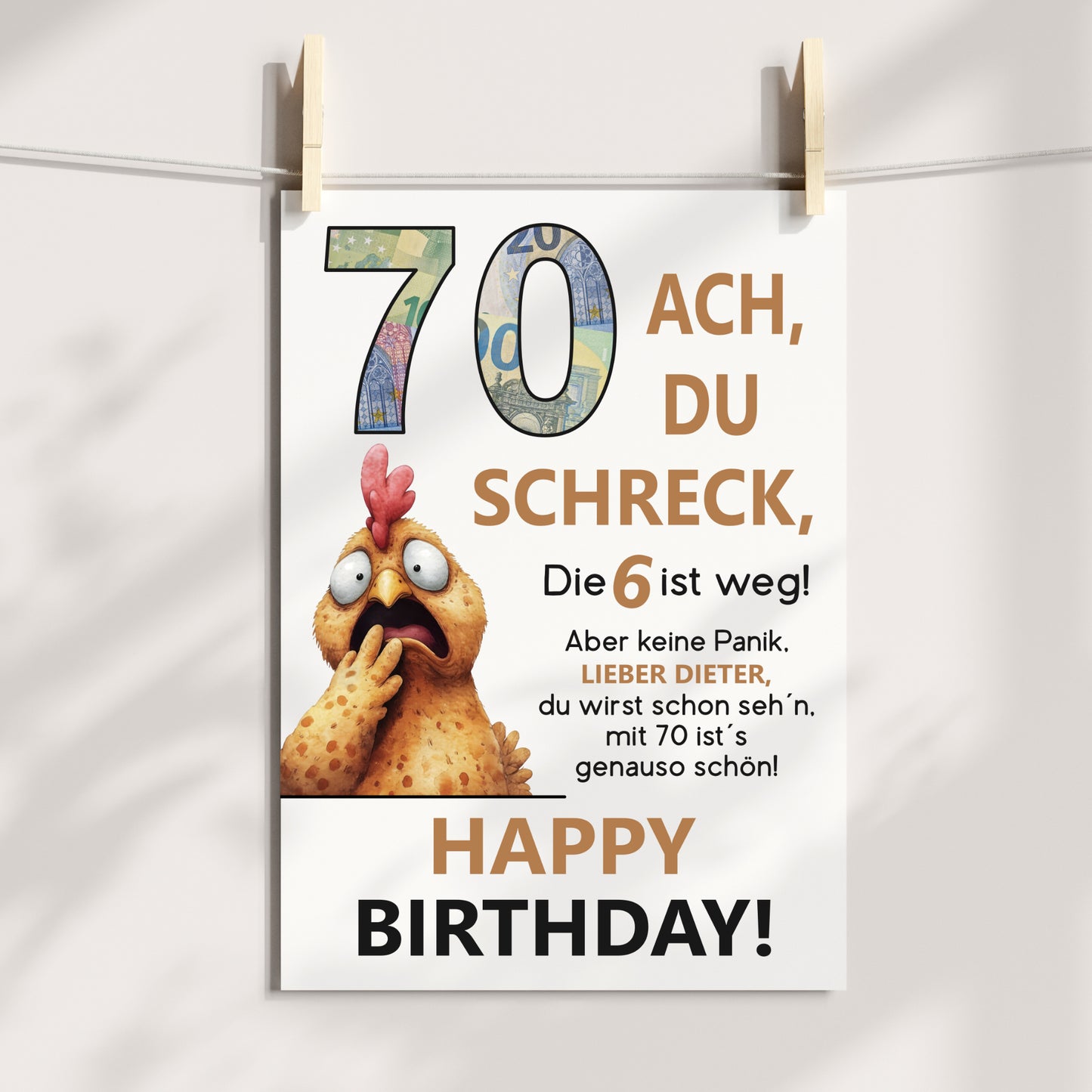 Geldgeschenk 70. Geburtstag Jubiläum runder Geburtstag Personalisiert Huhn Ach du Schreck