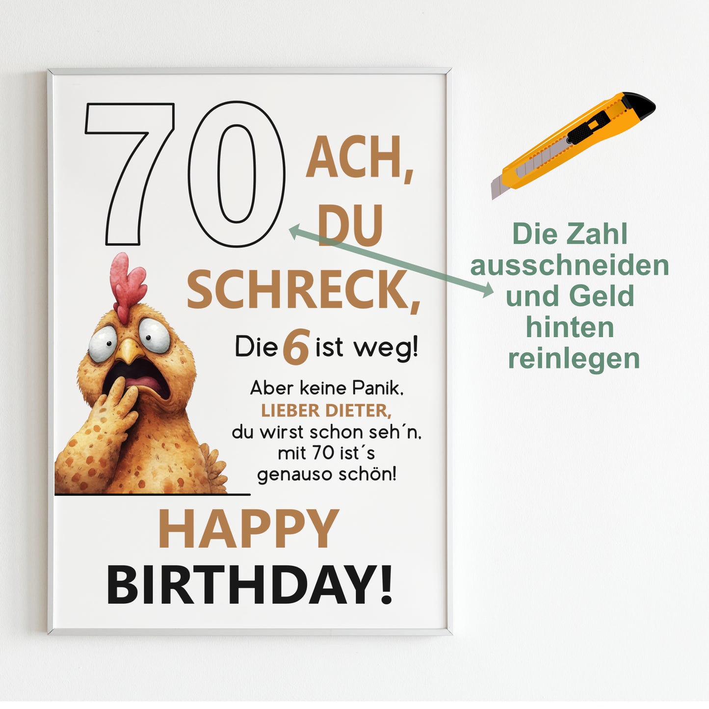 Geldgeschenk 70. Geburtstag Jubiläum runder Geburtstag Personalisiert Huhn Ach du Schreck