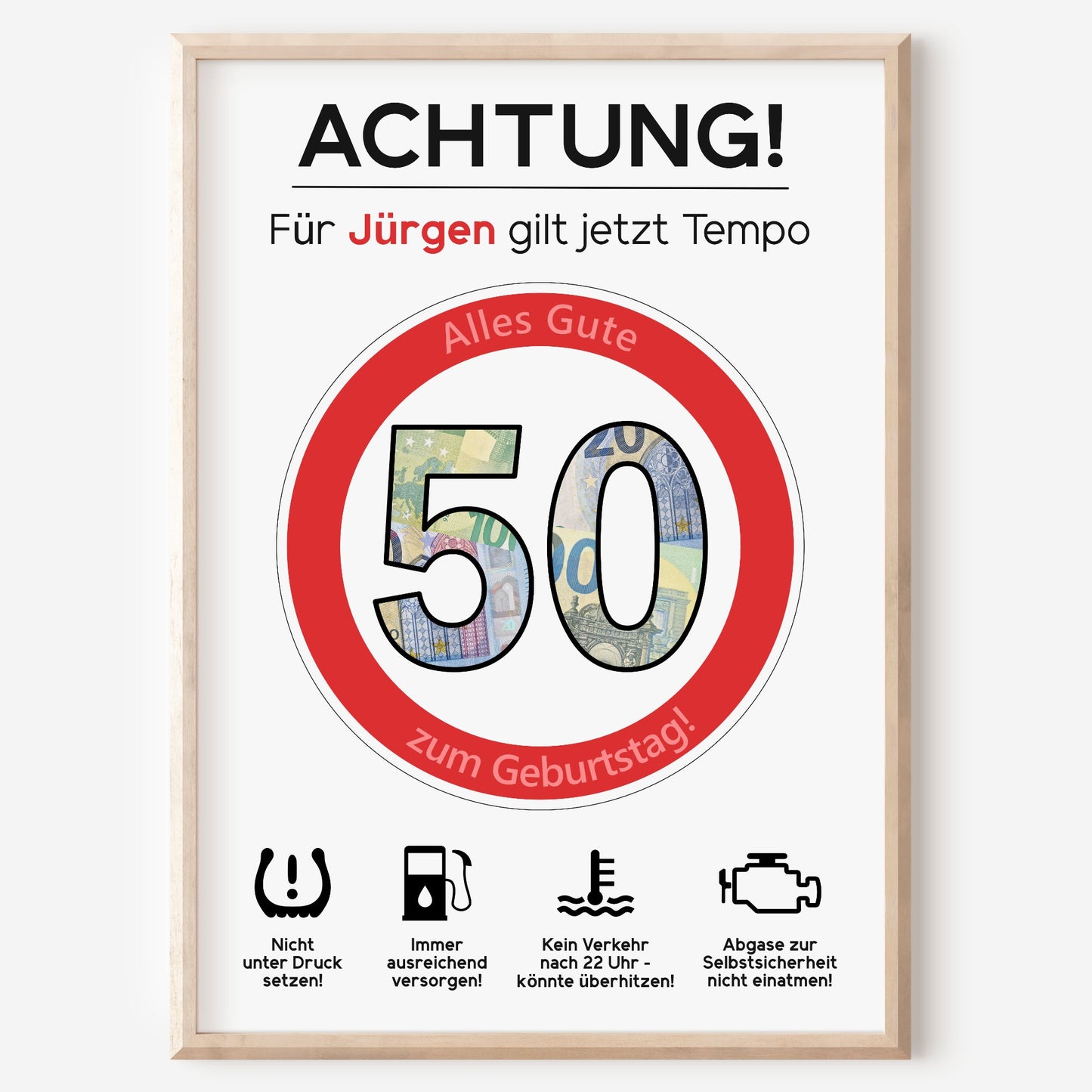 Geldgeschenk 50. Geburtstag Achtung Tempo Jubiläum runder Geburtstag Personalisiert Verkehrsschild