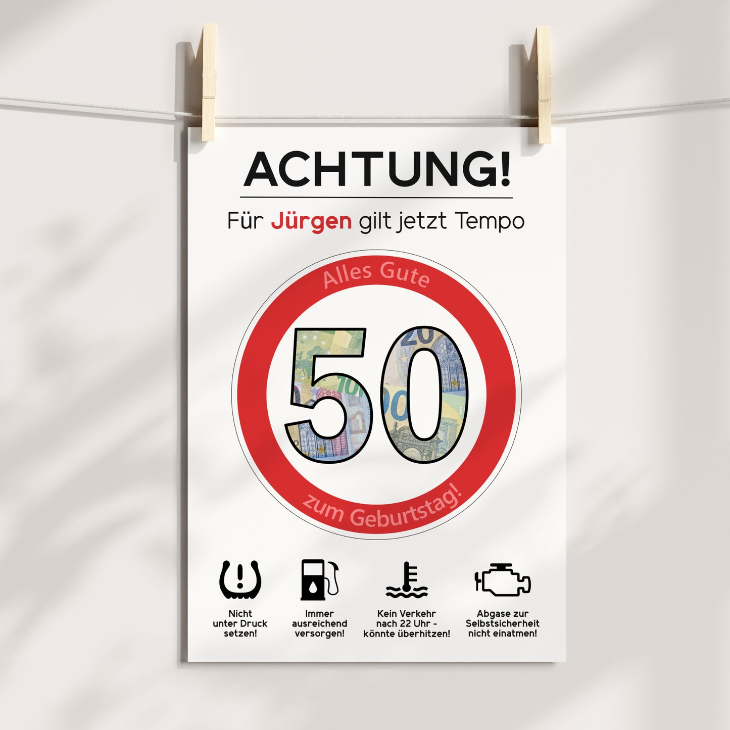 Geldgeschenk 50. Geburtstag Achtung Tempo Jubiläum runder Geburtstag Personalisiert Verkehrsschild